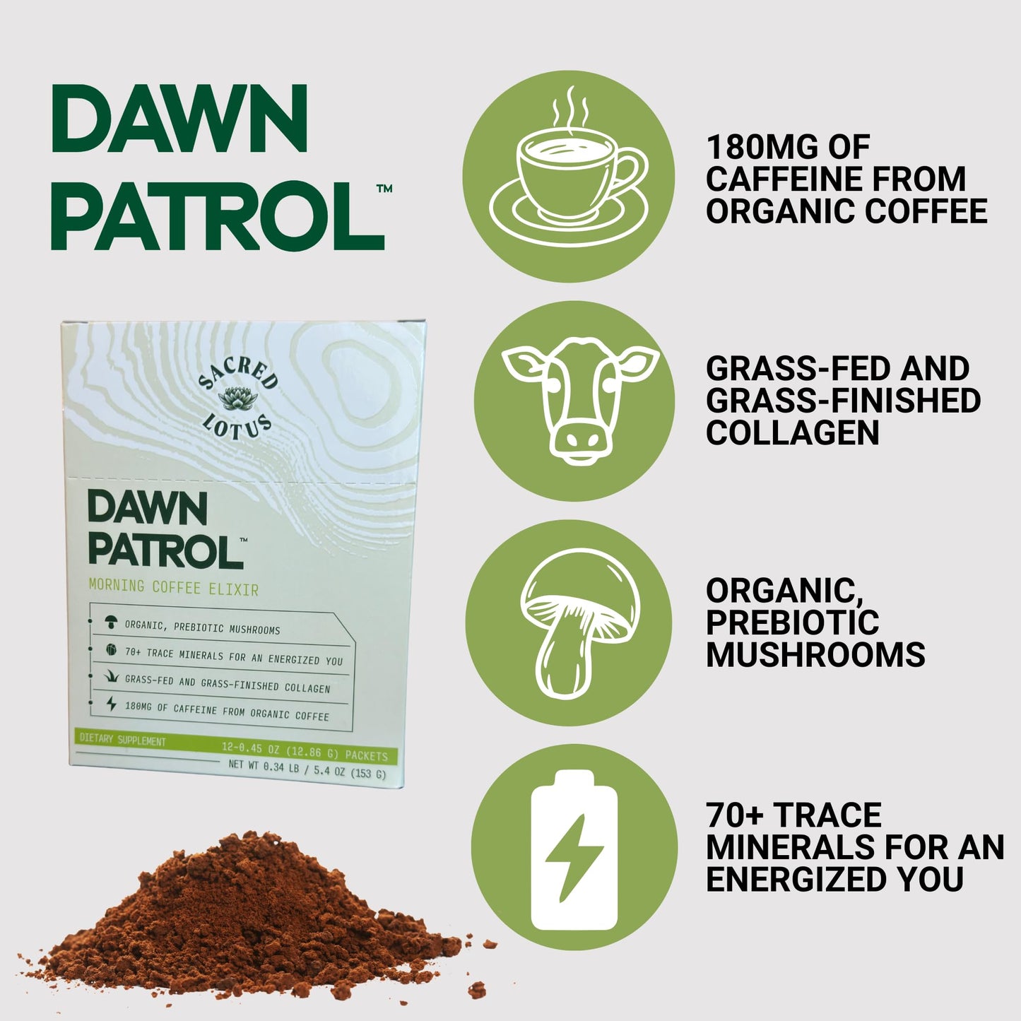 Sacred Lotus Dawn Patrol Morning Mushroom Coffee Elixir Powder Sticks, 12 Count