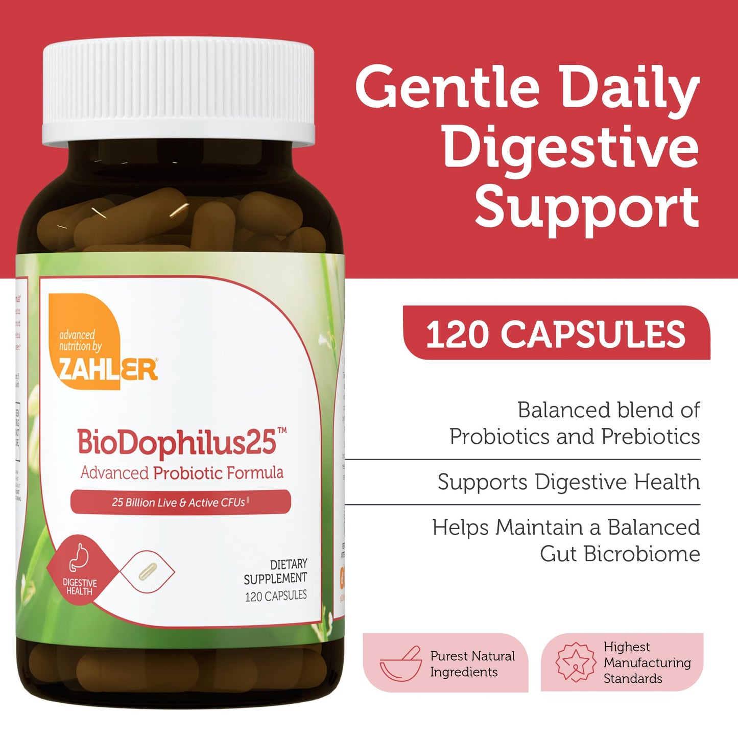 Zahler BioDophilus25, 25 Billion CFU Probiotic + Prebiotic - 11 Strains Daily Probiotic Supplement Capsules, 120 Count