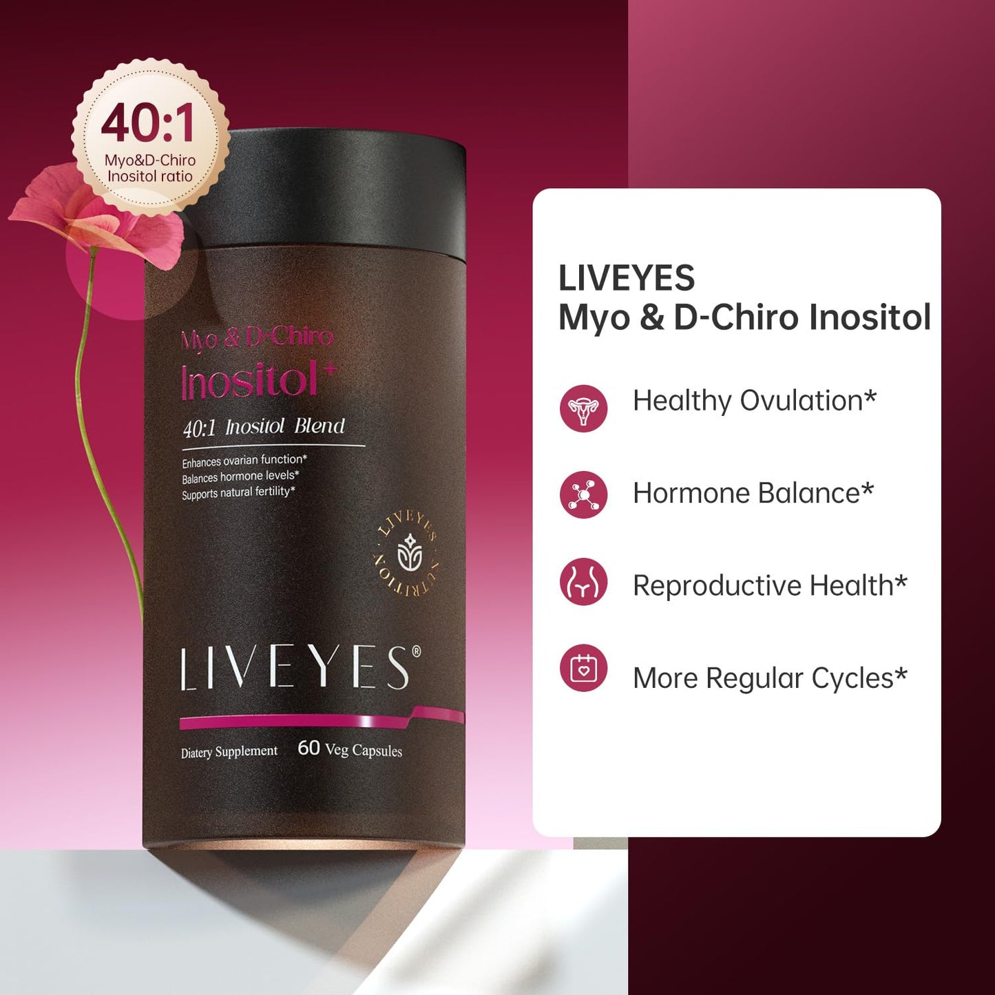 LiveYes Myo-Inositol & D-Chiro Inositol Supplement for Women – Ideal 40:1 Ratio, NADH Plus Folate and PQQ – Hormone Balance & Ovarian Support Capsule, 1 Count