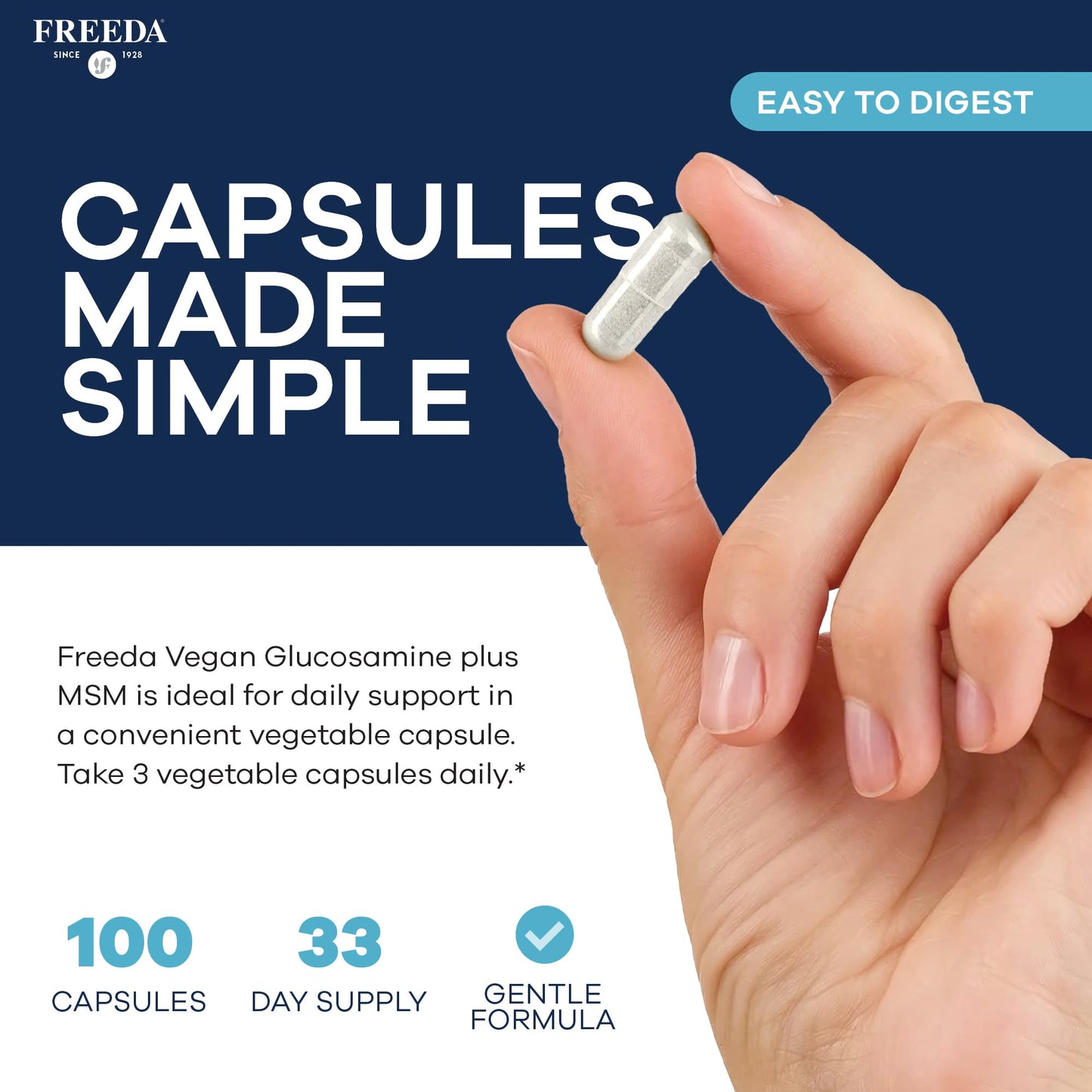FREEDA Glucosamine MSM – Vegetarian Glucosamine HCl 1500 mg Without Shellfish + MSM 750 mg, 100 Capsules