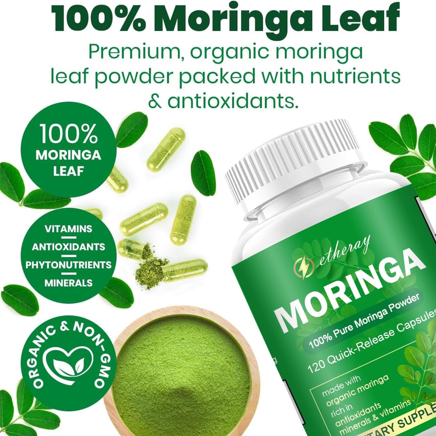 etheray Moringa Capsules 800mg per Serving, 120 Capsules