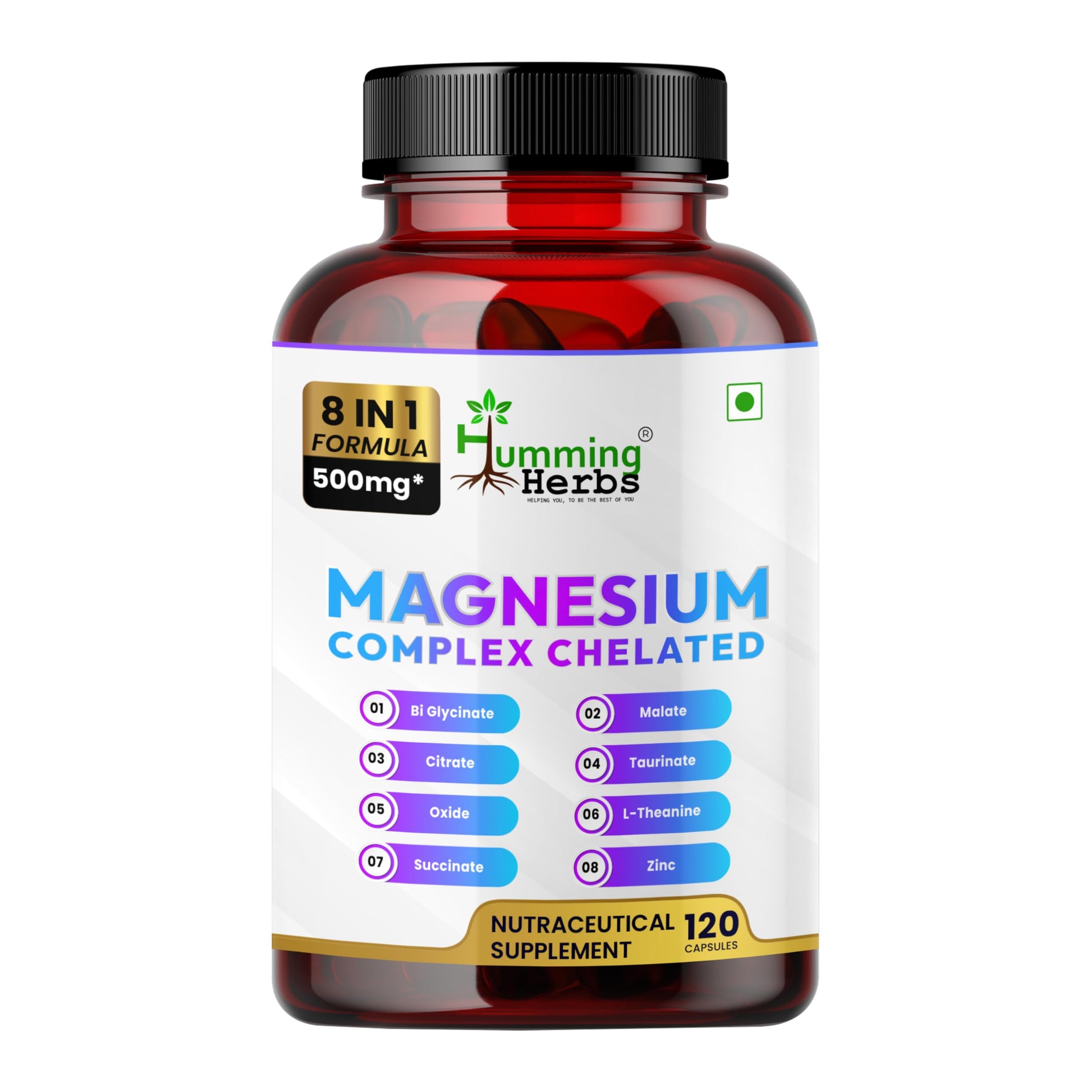 Humming Herbs Magnesium Complex Chelated Supplement 500mg, 120 Vegan Capsules