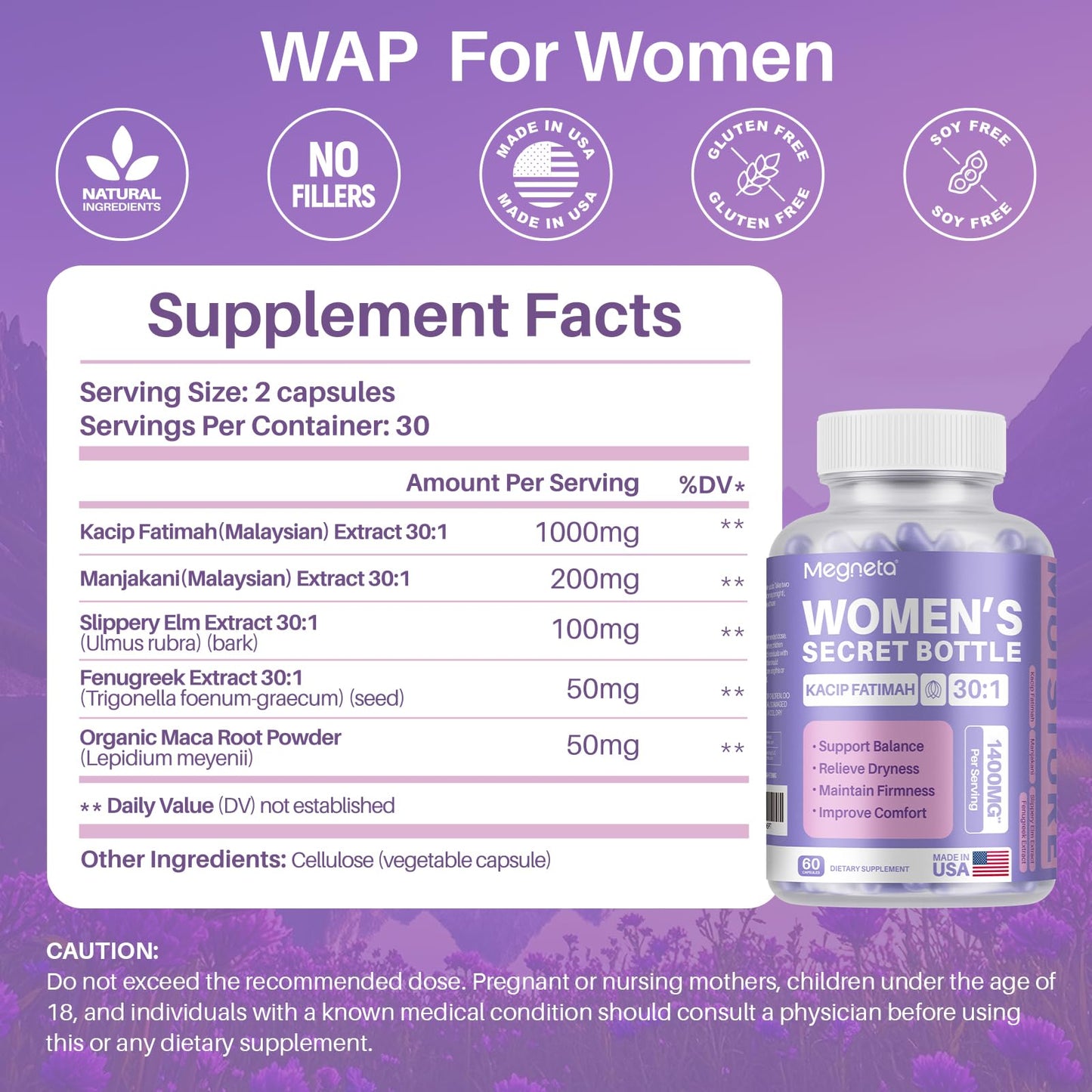 MEGNETA Advanced Feminine Wellness Supplement – Herbal Blend with Kacip Fatimah, Fenugreek, Slippery Elm Bark, Manjakani, 60 Capsules
