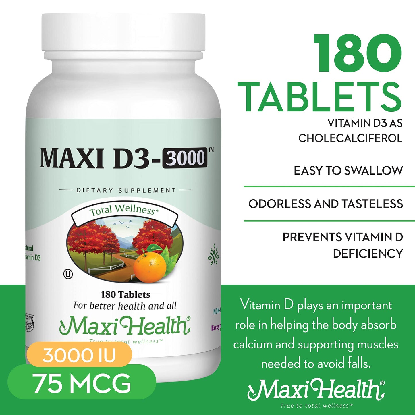 Maxi Health Vitamin D3 3000 IU 75 mcg Tablet 180 Tablets