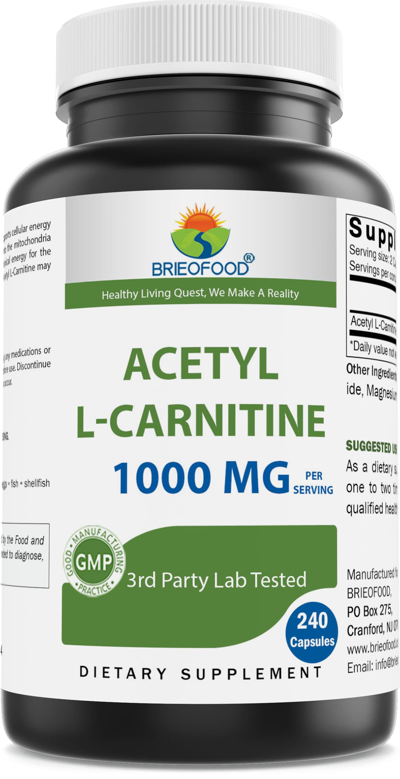 Brieofood Acetyl L-Carnitine 1000 mg Capsule, 240 Capsules