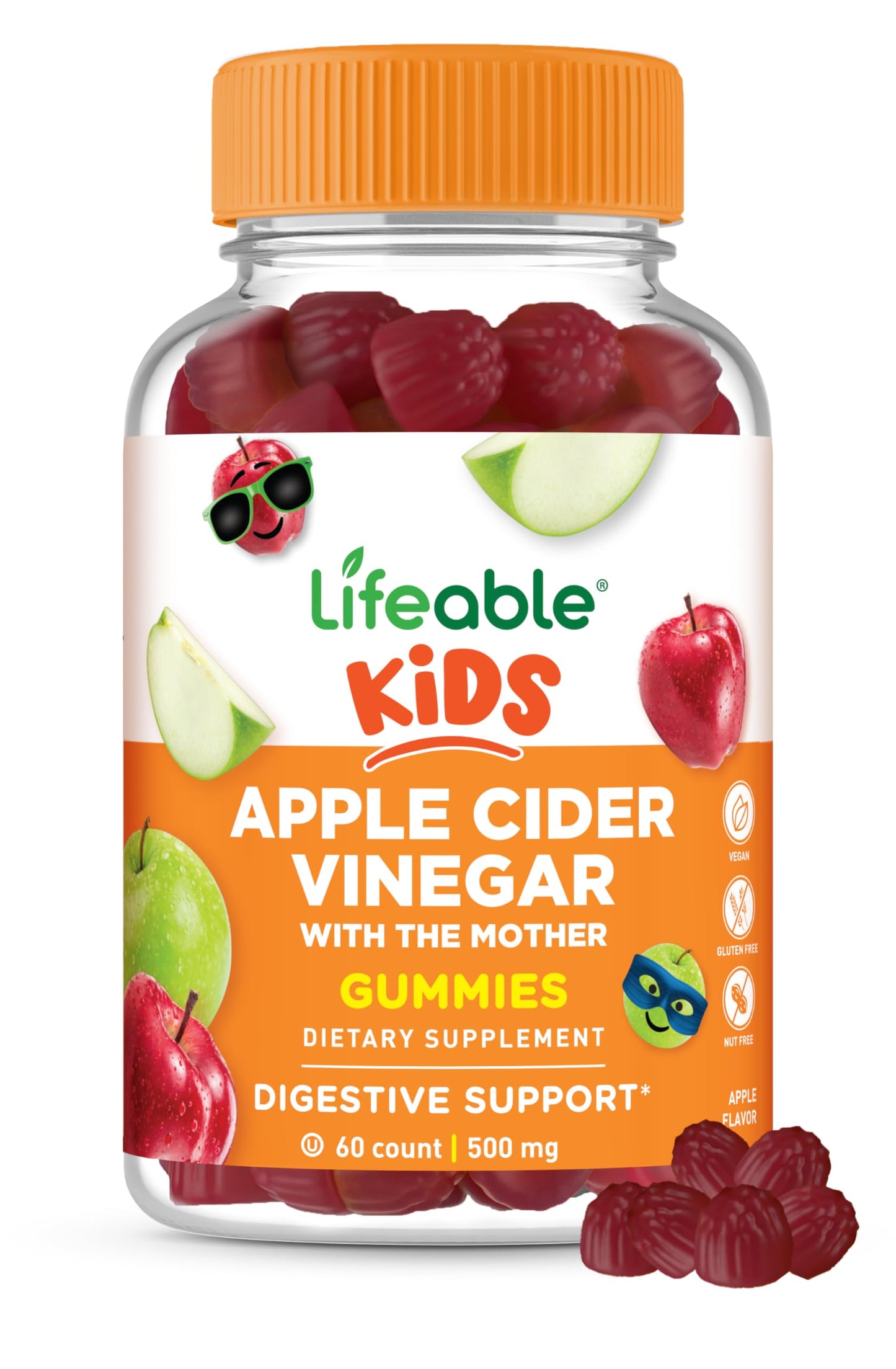 Lifeable Apple Cider Vinegar for Kids ACV with The Mother - 500 mg Gummies, 60 Count