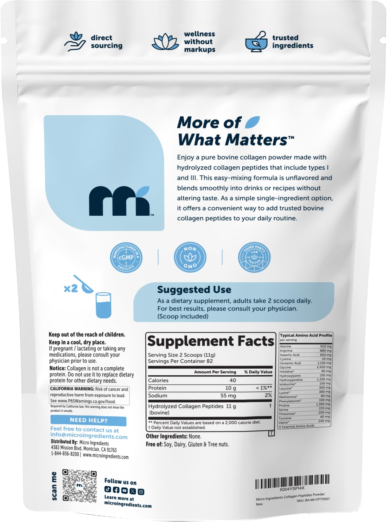 Micro Ingredients Hydrolyzed Collagen Peptides Powder, 32 oz