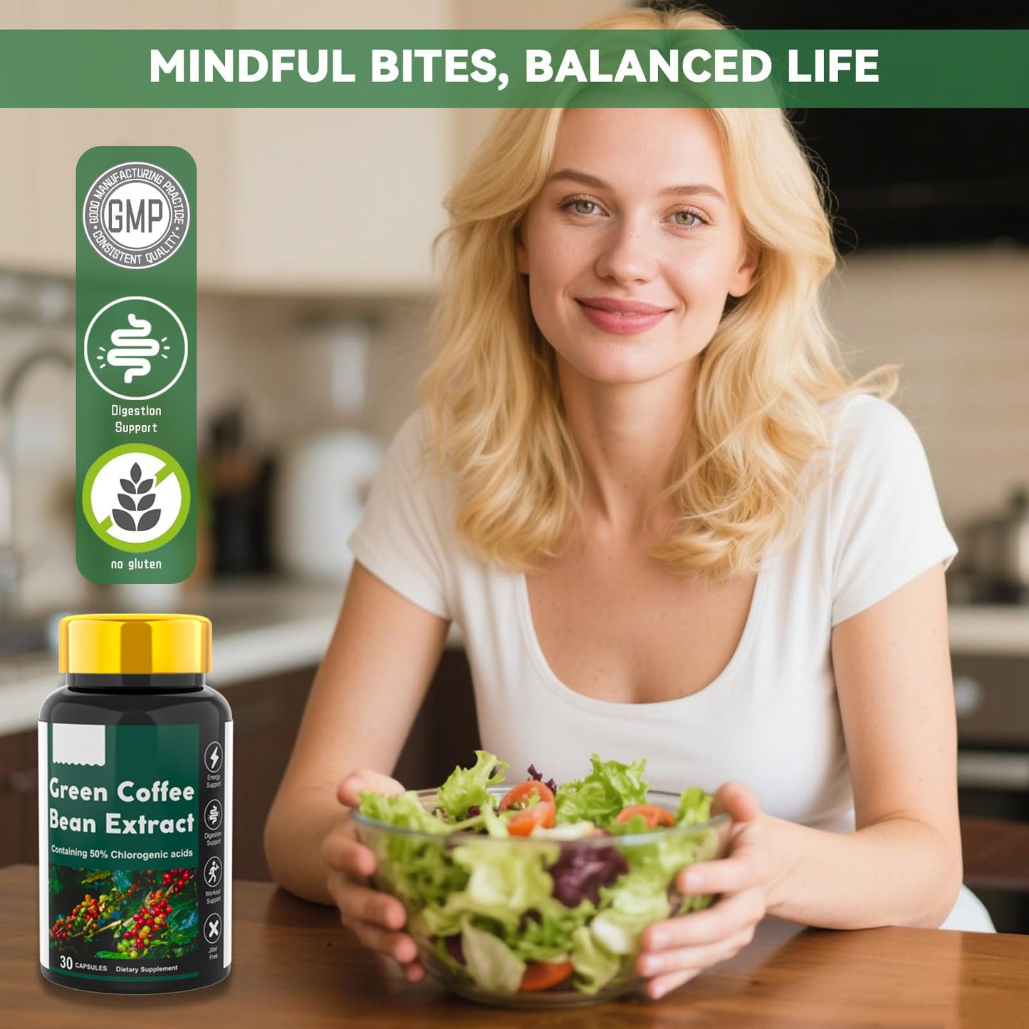 Dr. HR Green Coffee Bean Extract 50% Chlorogenic Acids, Energy and Digestion Support, Jitter Free Capsule, 1 Count