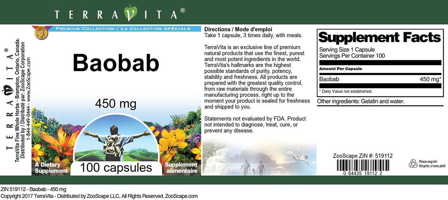 Terravita Baobab 450 mg Capsules, 300 Count (Pack of 3)