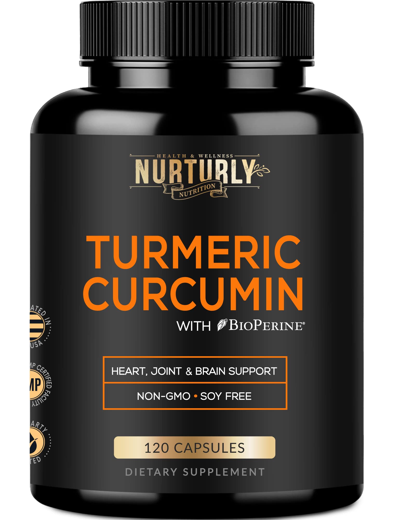 NURTURLY Turmeric Curcumin with BioPerine Black Pepper and 95% Curcuminoids - High Absorption Turmeric Supplements 1300mg for Hearth Health, Non-GMO, Gluten Free 120 Capsules