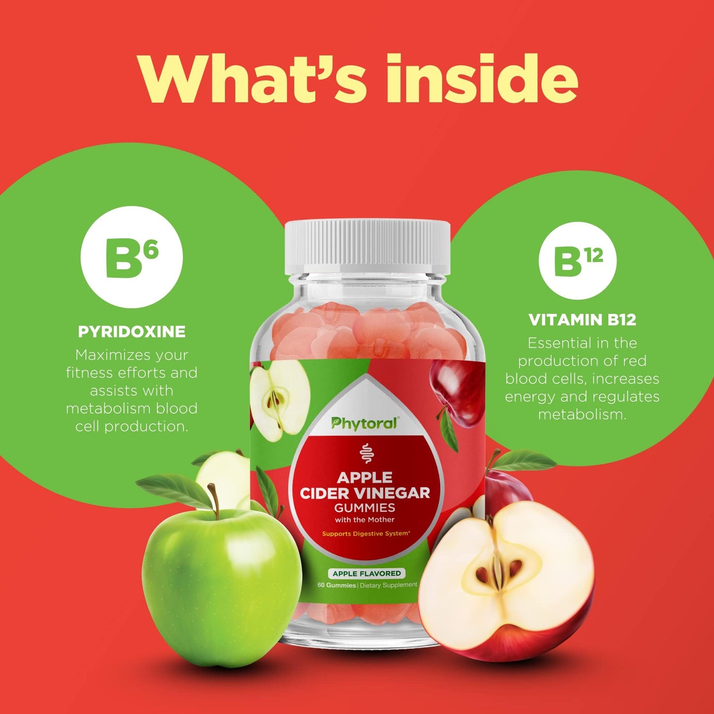 Phytoral Apple Cider Vinegar Gummies with the Mother - ACV Gummies for Adults, Immune Support, Digestion & Gut Health, Energy Support, 60 Count