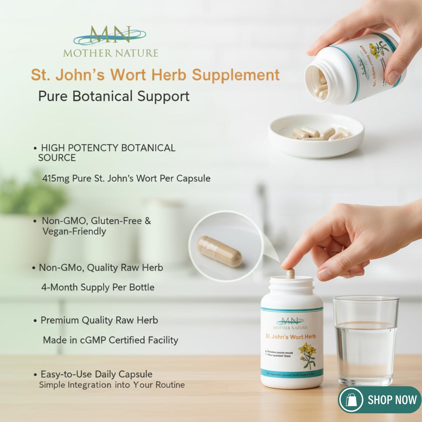 Mn Mother Nature Inc St. John's Wort Herbal Supplement 415mg Hypericum Perforatum Botanical Herb Capsules 120