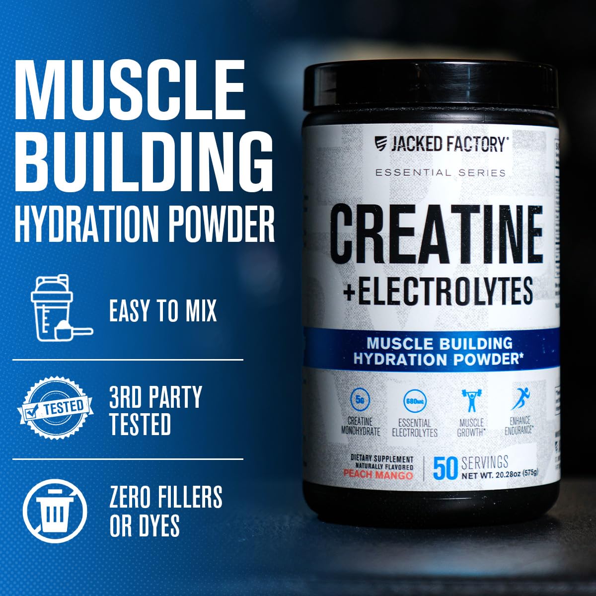 Jacked Factory Creatine Monohydrate + Electrolytes Powder, 50 Servings