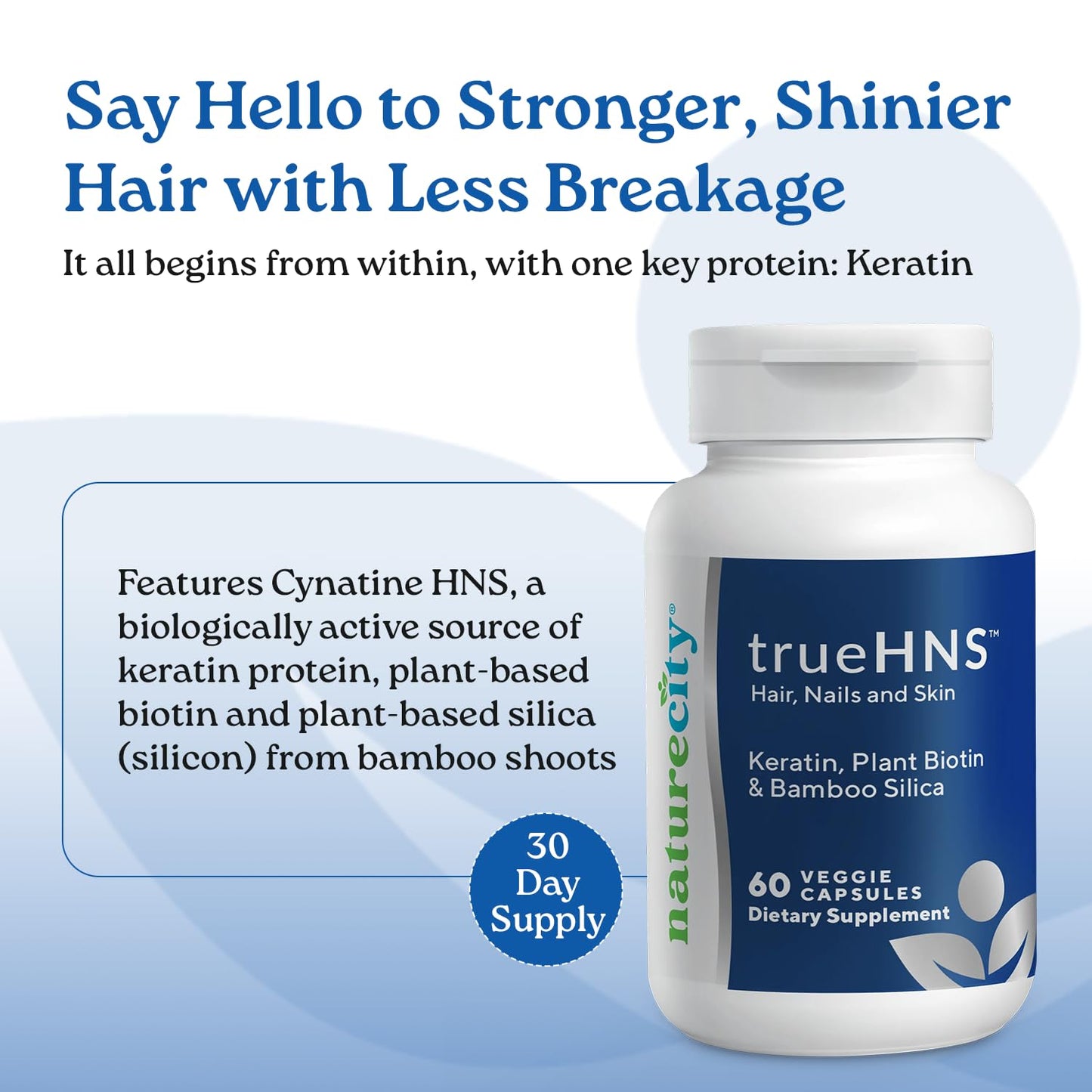 NatureCity True-HNS Hair Nails and Skin Cynatine Keratin and Plant Based Biotin Vitamin Supplement Capsules 60 Veggie Capsules Non-GMO
