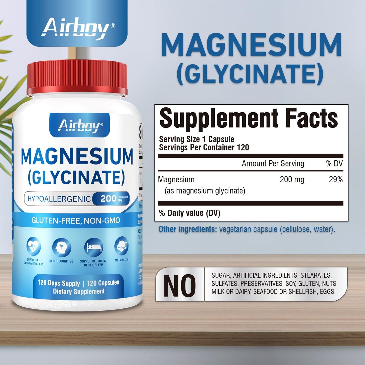 Airboy Magnesium Glycinate 200 mg Capsules, 120 Count