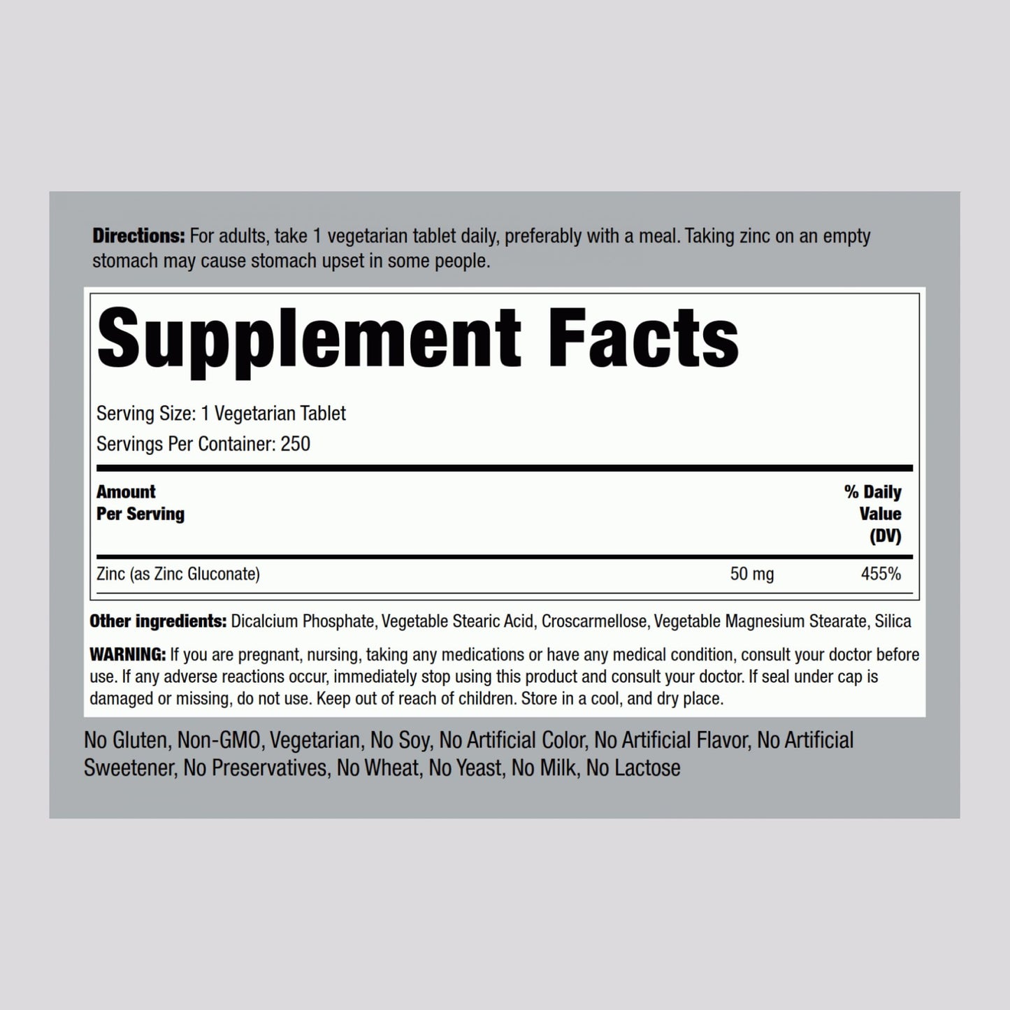 Piping Rock Zinc 50mg Tablets, 250 Count