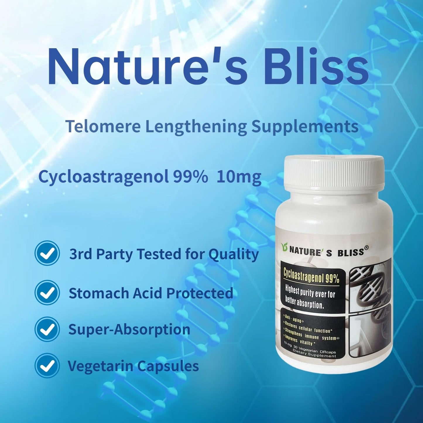 Nature'sbliss Telomerase Supplements Cycloastragenol 10mg 99% Astragalus Root Extract, 180 Capsules
