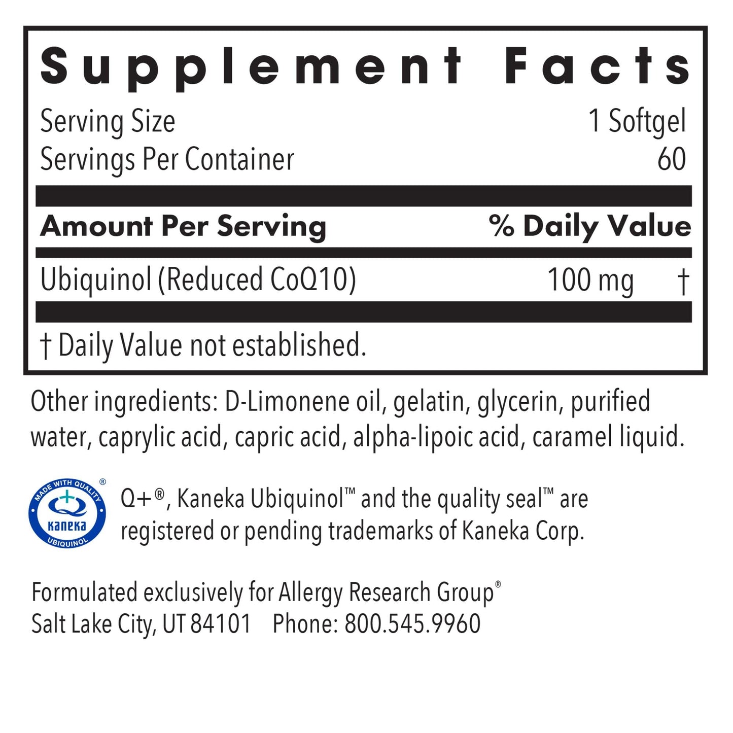 Allergy Research Group CoQ10 Ubiquinol 60 Vegetarian Capsules
