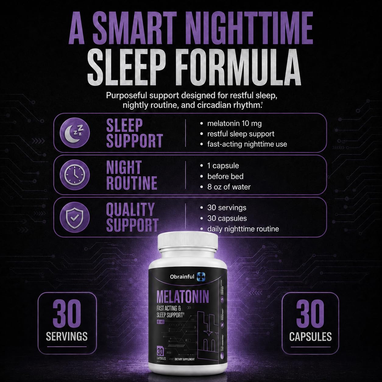 Obrainful Melatonin 10mg Capsules for Sleep Support & Nighttime Wellness, 30 Count