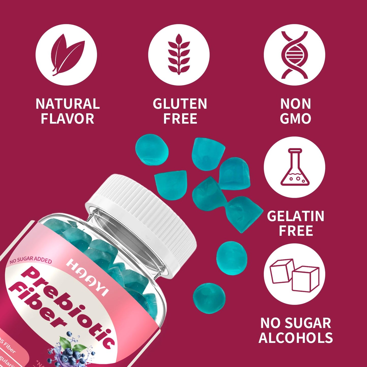 HAAYI Prebiotic Fiber Supplement Gummies for Adults & Kids, 5g Beet FOS Fiber - Gut Health and Digestive Support, Mineral Absorption, Soluble Fiber, Zero Sugar Added, Vegan, Gluten-Free - 60 Gummies