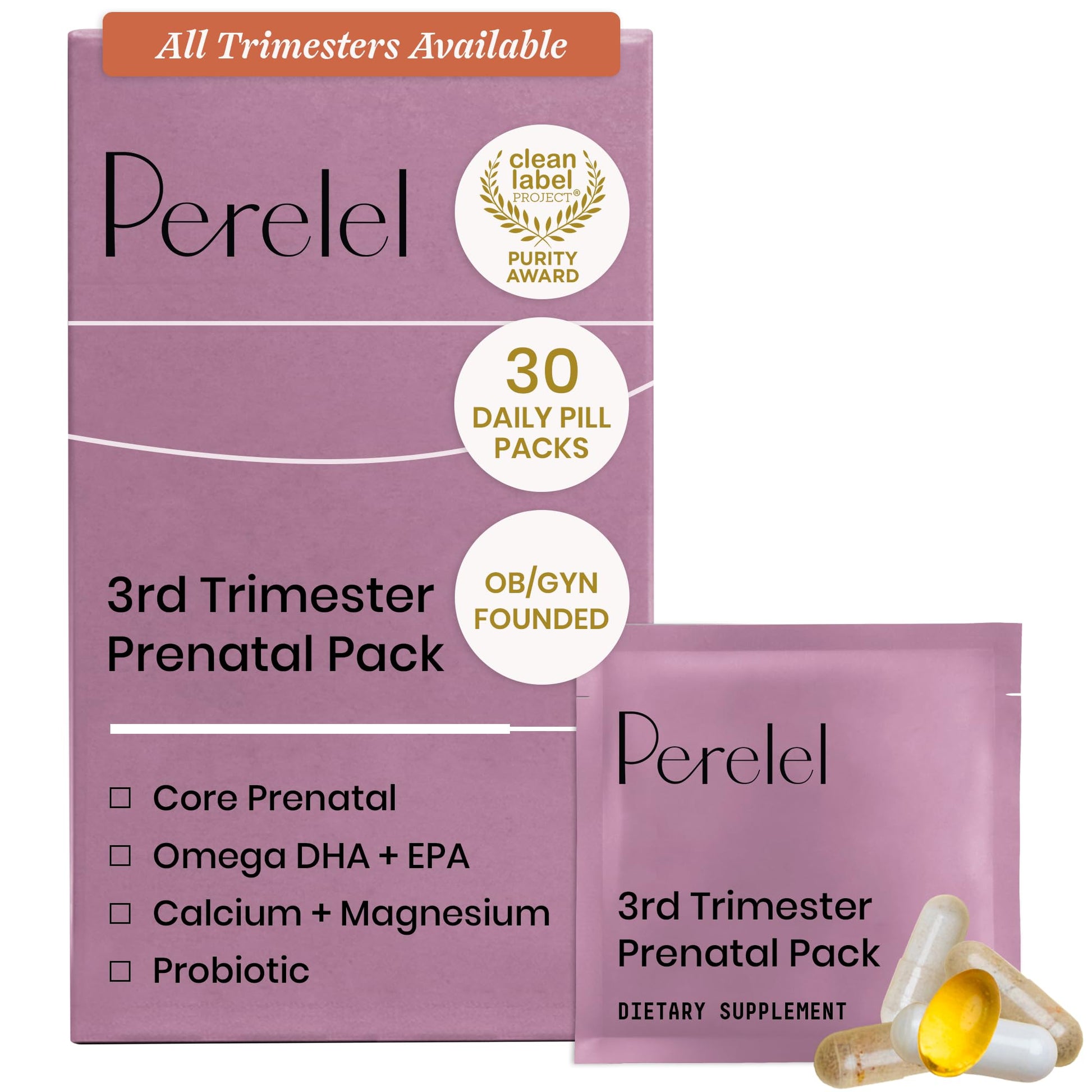Perelel 3rd Trimester Prenatal Vitamins for Women, Choline, Folate, & Iron 30 Capsules