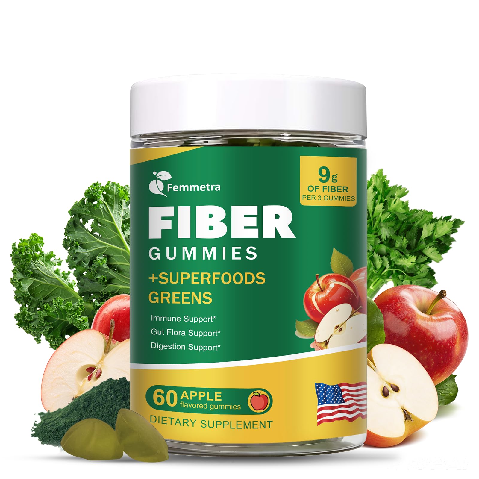 Femmetra 9G Fiber Gummies for Digestive Health & Regularity - No Sugar Added Apple Flavor - Prebiotic Fiber Supplement with Greens, 60 Gummies