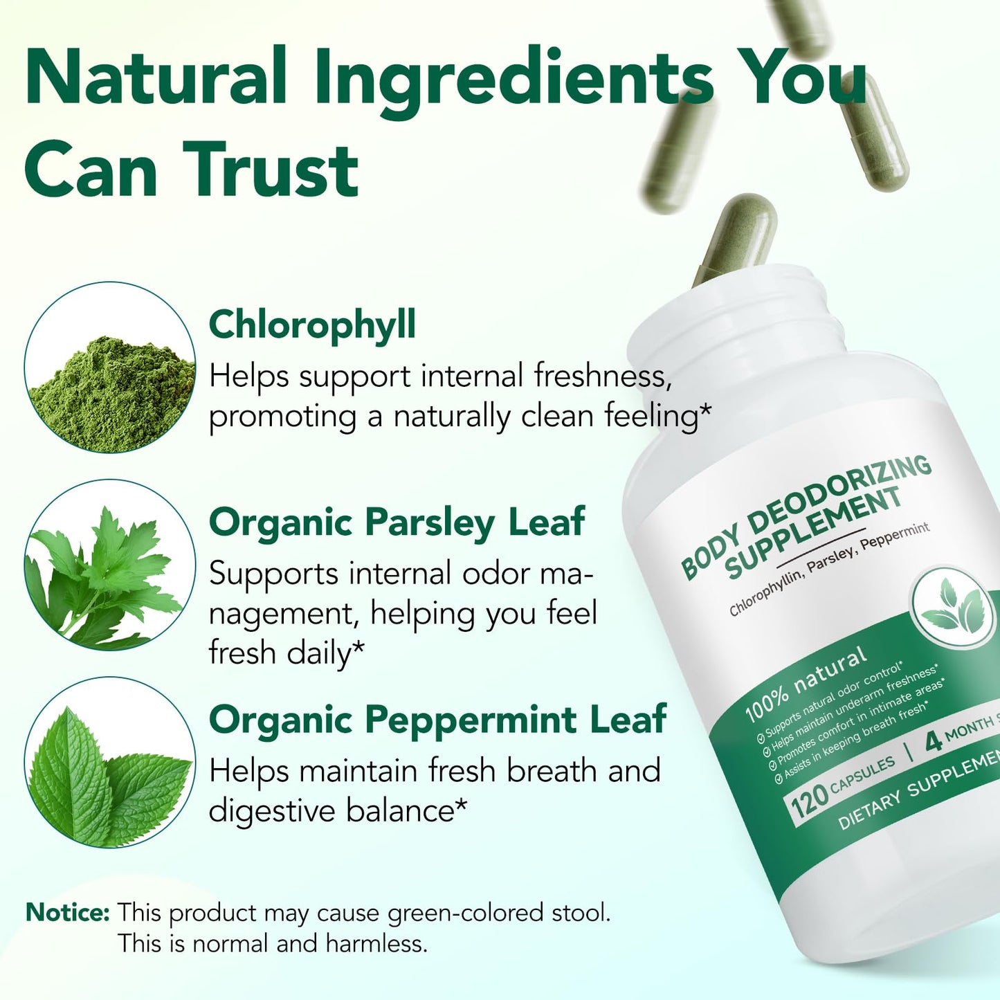ISUNRISE Body Deodorizing Supplement Chlorophyll Capsule, 120 Count