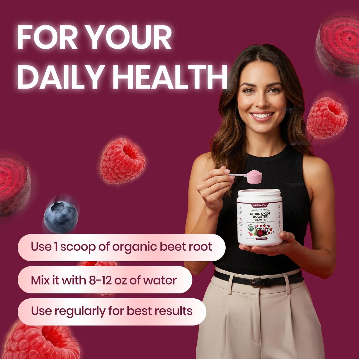 NUTRAJOY Organic Beet Root Powder Nitric Oxide Superfood Supplement for Energy Support, Nitric Oxide Booster, Vegan, Mixed Berry Flavor Powder, 8.8 oz