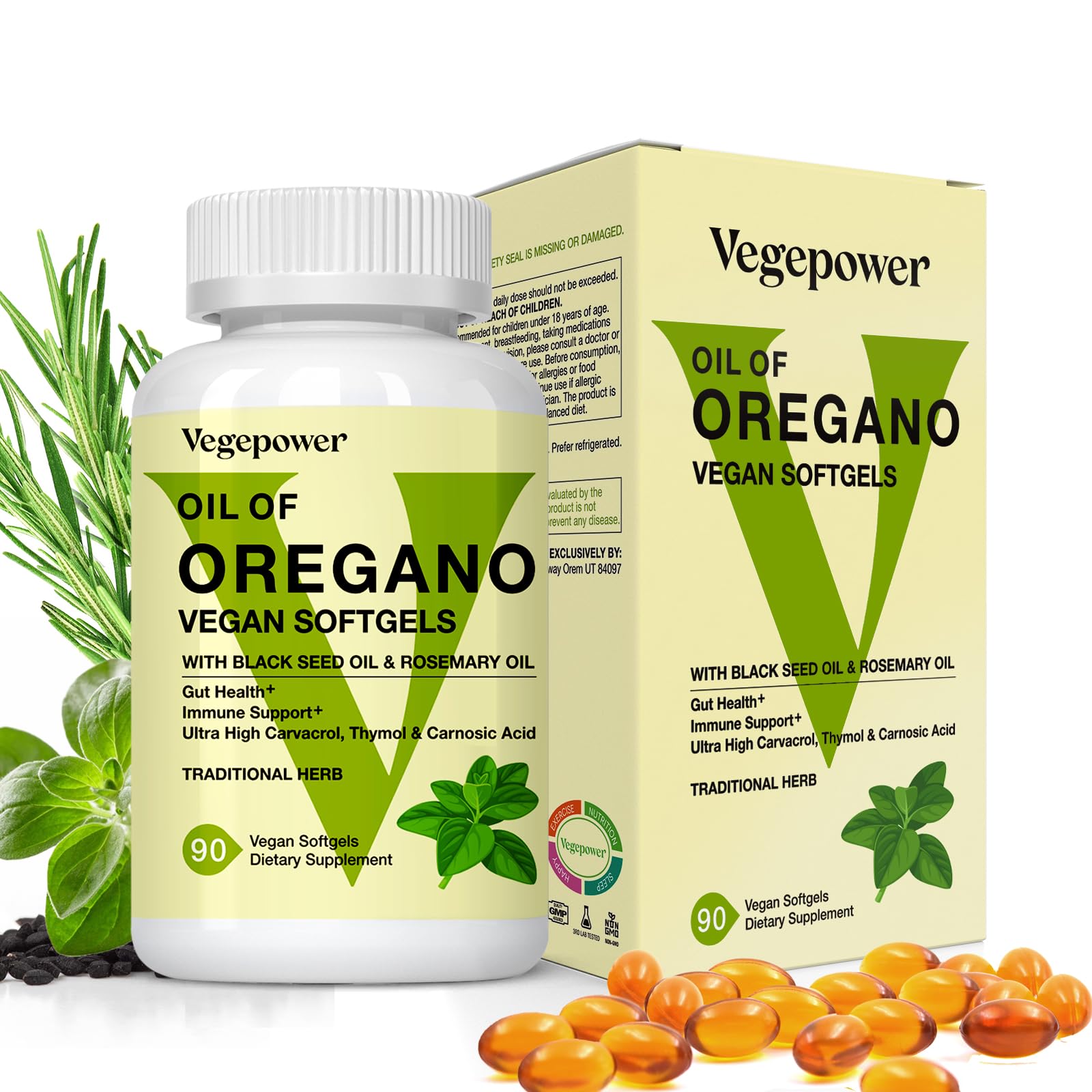 VEGEPOWER Oil of Oregano with Black Seed Oil & Rosemary Softgels, 90 Count