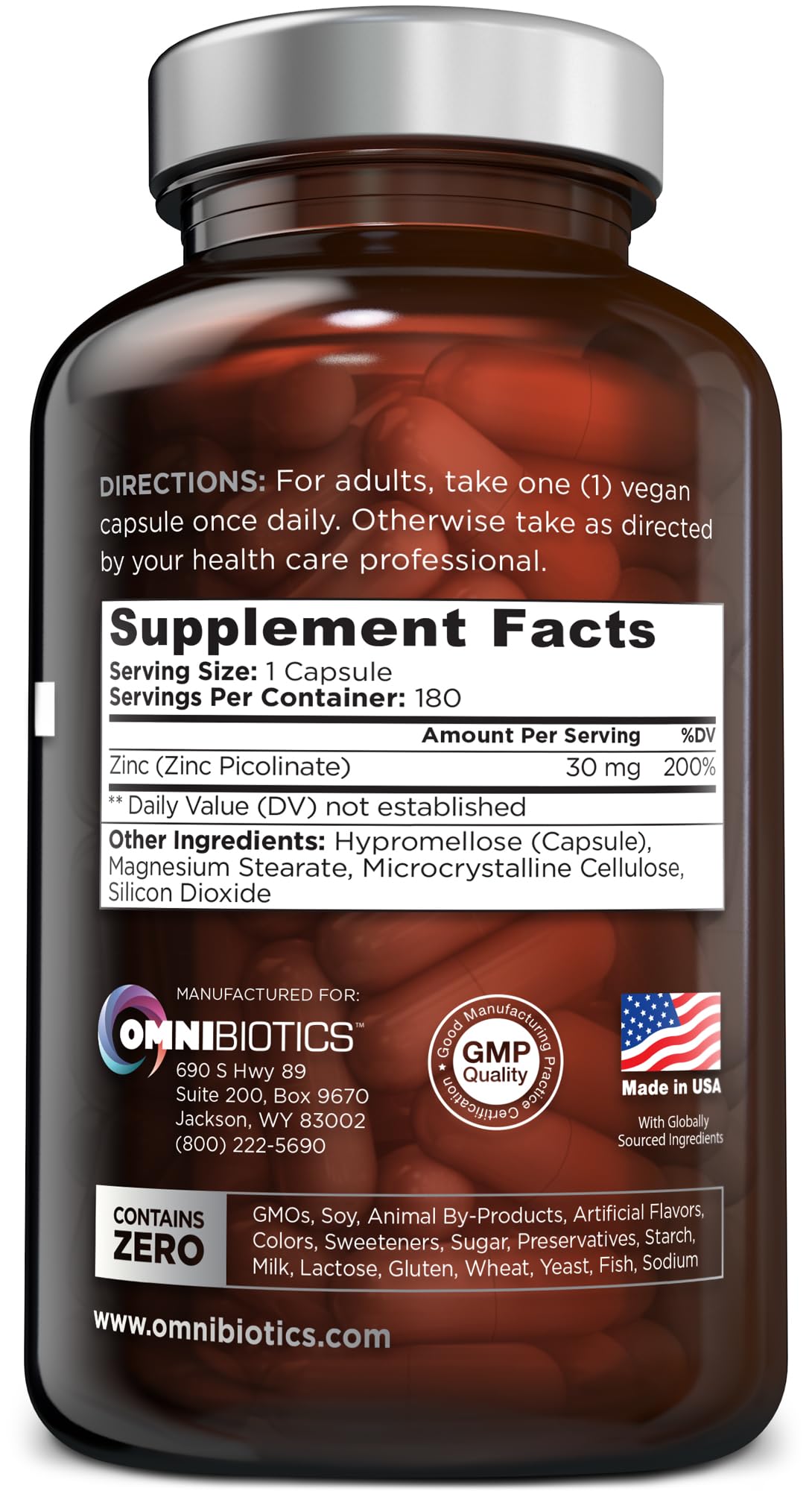 OmniBiotics Zinc Picolinate 30mg Supplement 180 Capsules