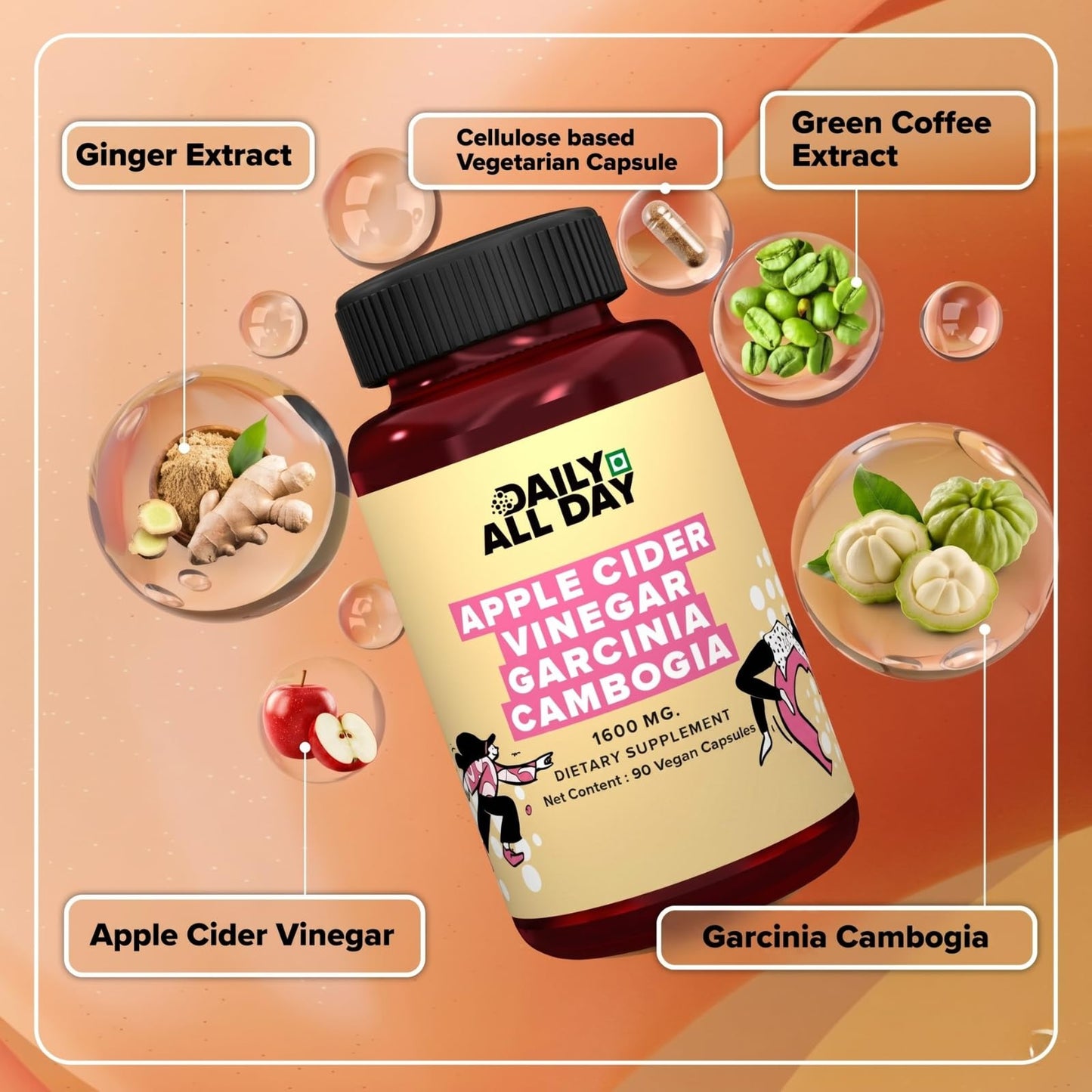 Daily All Day Apple Cider Vinegar Capsules with Garcinia Cambogia, 90 Count