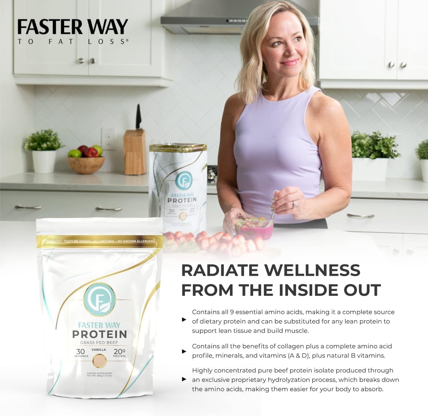 FASTer Way to Fat Loss Hydrolyzed Grass-Fed Beef Protein Powder - Vanilla - 20g Protein per Serving, 9 Essential Amino Acids, Sugar, Gluten & Dairy Free, Non-GMO, 1.46 lb