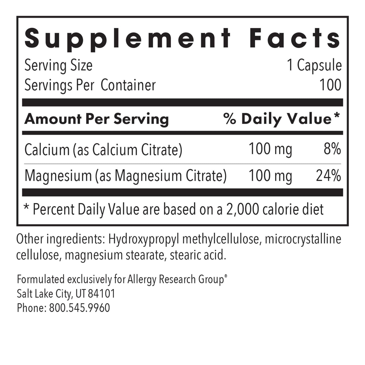 Allergy Research Group Calcium Magnesium Citrate Equal Ratio Capsules 100 Count