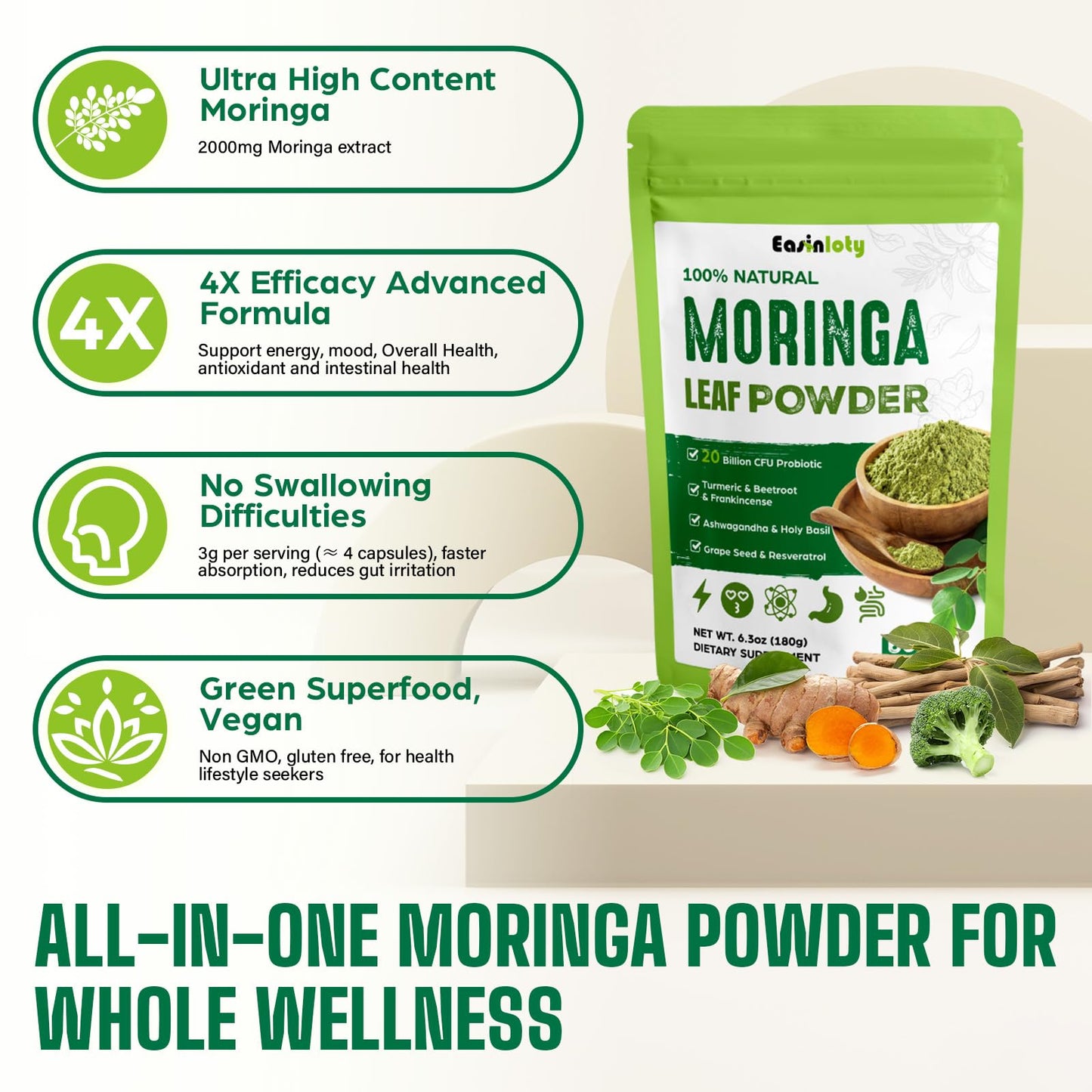 Easinloty Moringa Powder Organic 2000mg with Ashwagandha, Turmeric, 20B CFU Probiotic, 6.3 oz