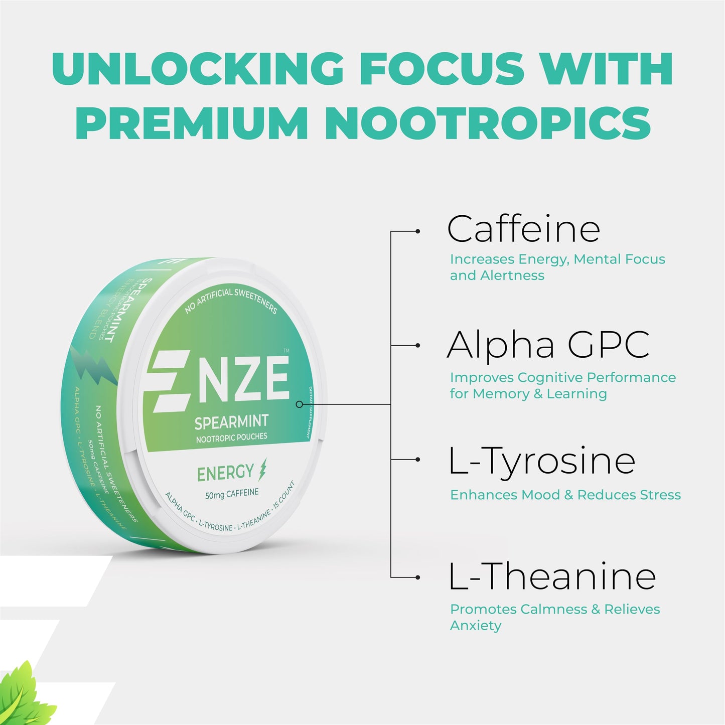 NZE Caffeine Nootropic Caplets (Spearmint) 5 Count