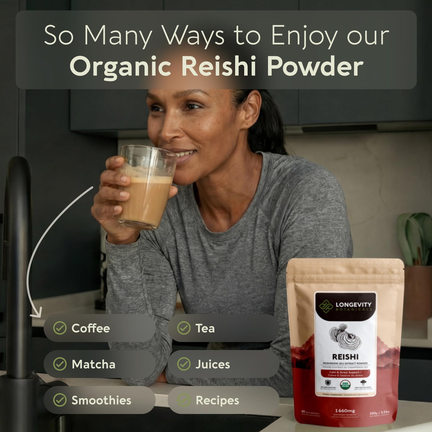 Longevity Botanicals Organic Reishi Mushroom Powder Supplement, 3.53 oz