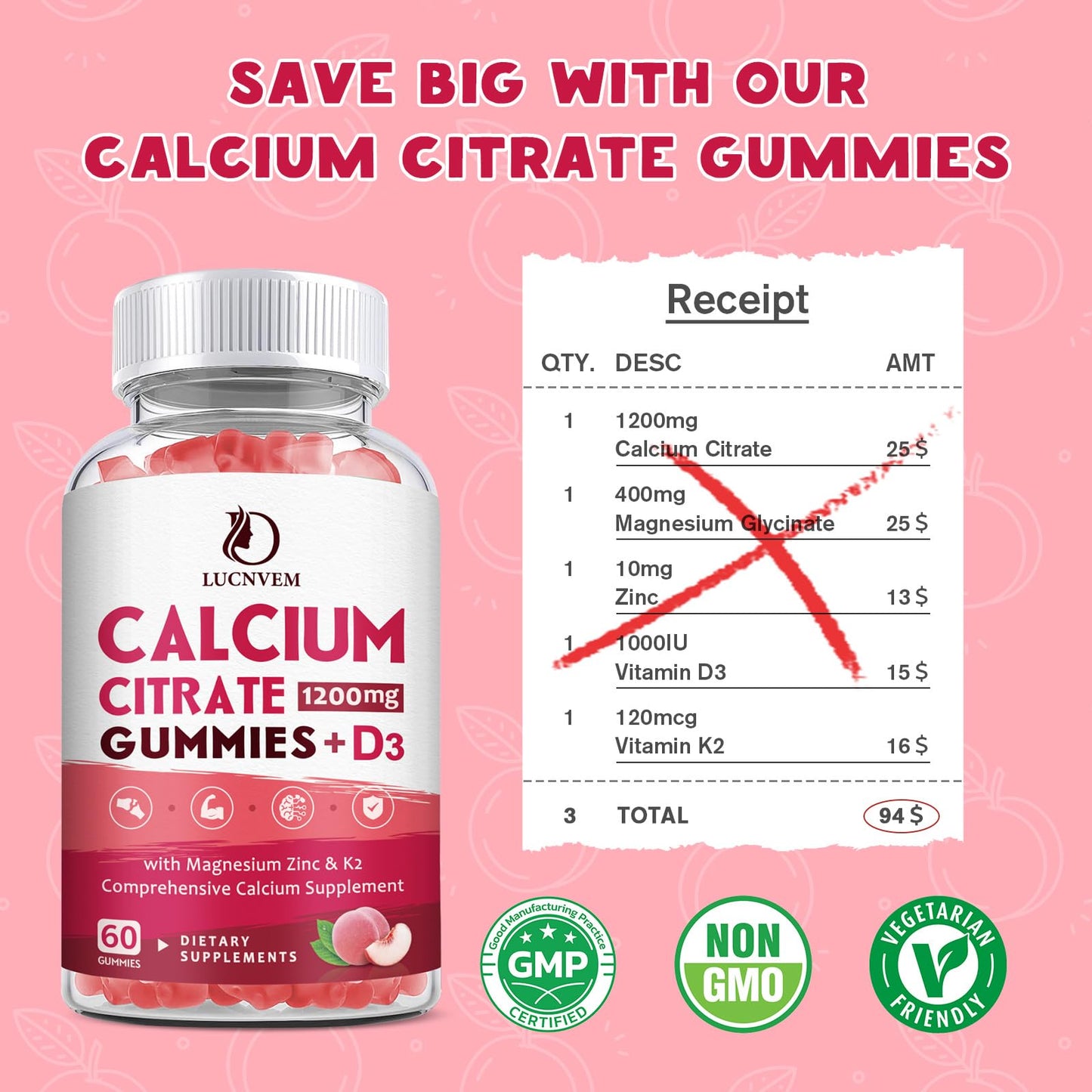 LUCNVEM Calcium Citrate 1200mg with Vitamin D3 Gummies, 60 Count