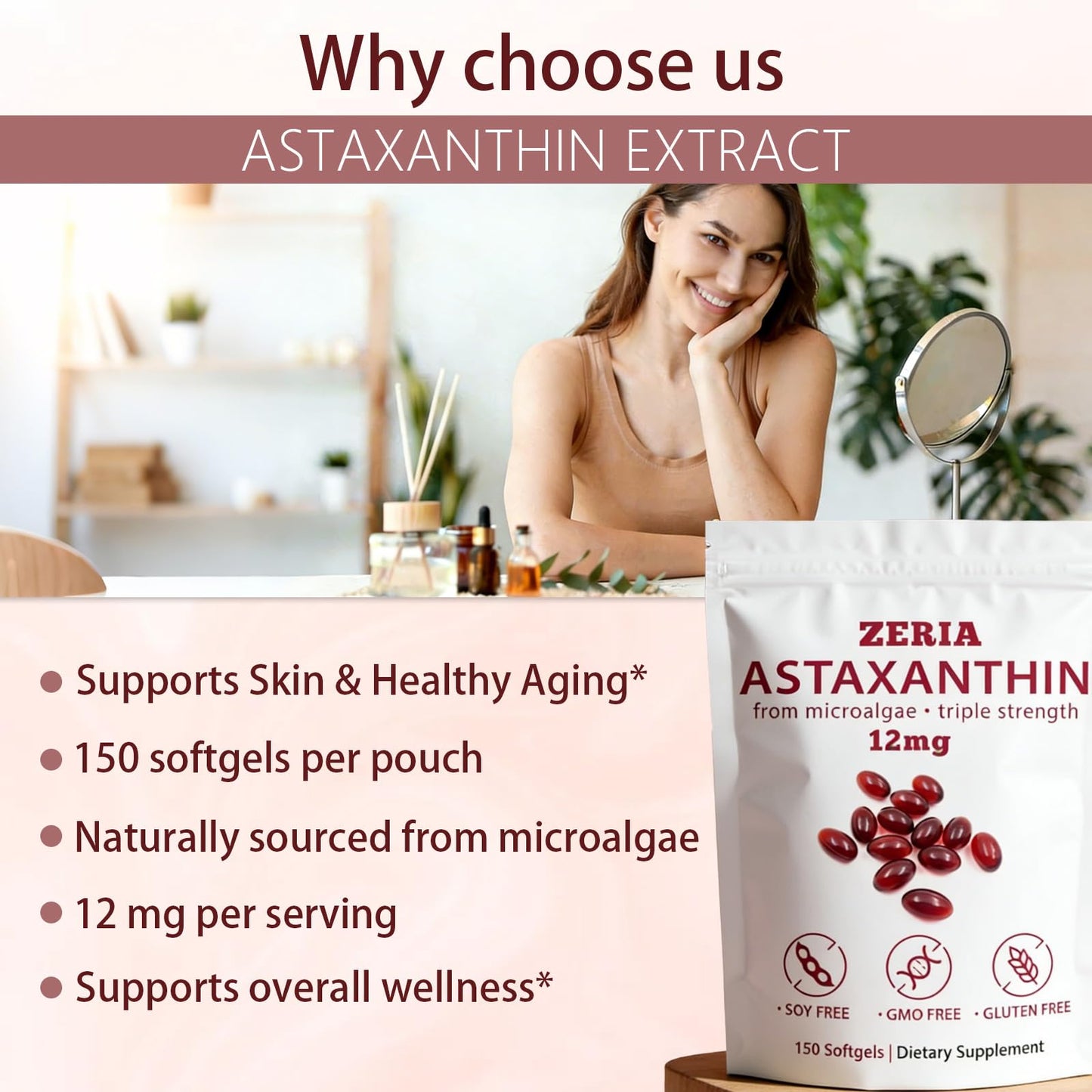 ZERIA Astaxanthin 12mg, Natural Microalgae Antioxidant for Eye, Skin & Immune Support Softgel, 150 Softgels