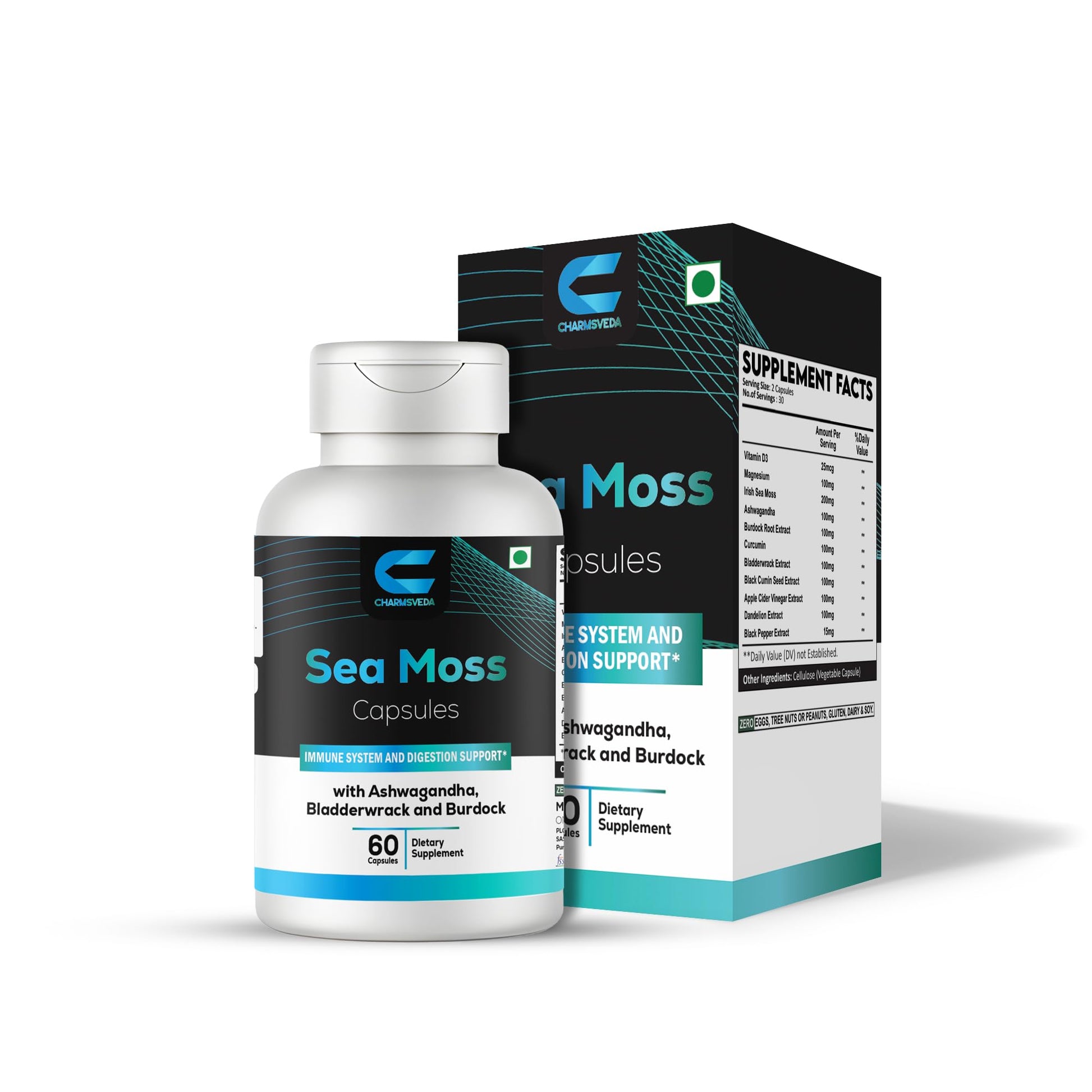 CHARMSVEDA Sea Moss Capsules with Ashwagandha, Bladderwrack & Burdock, 60 Capsules