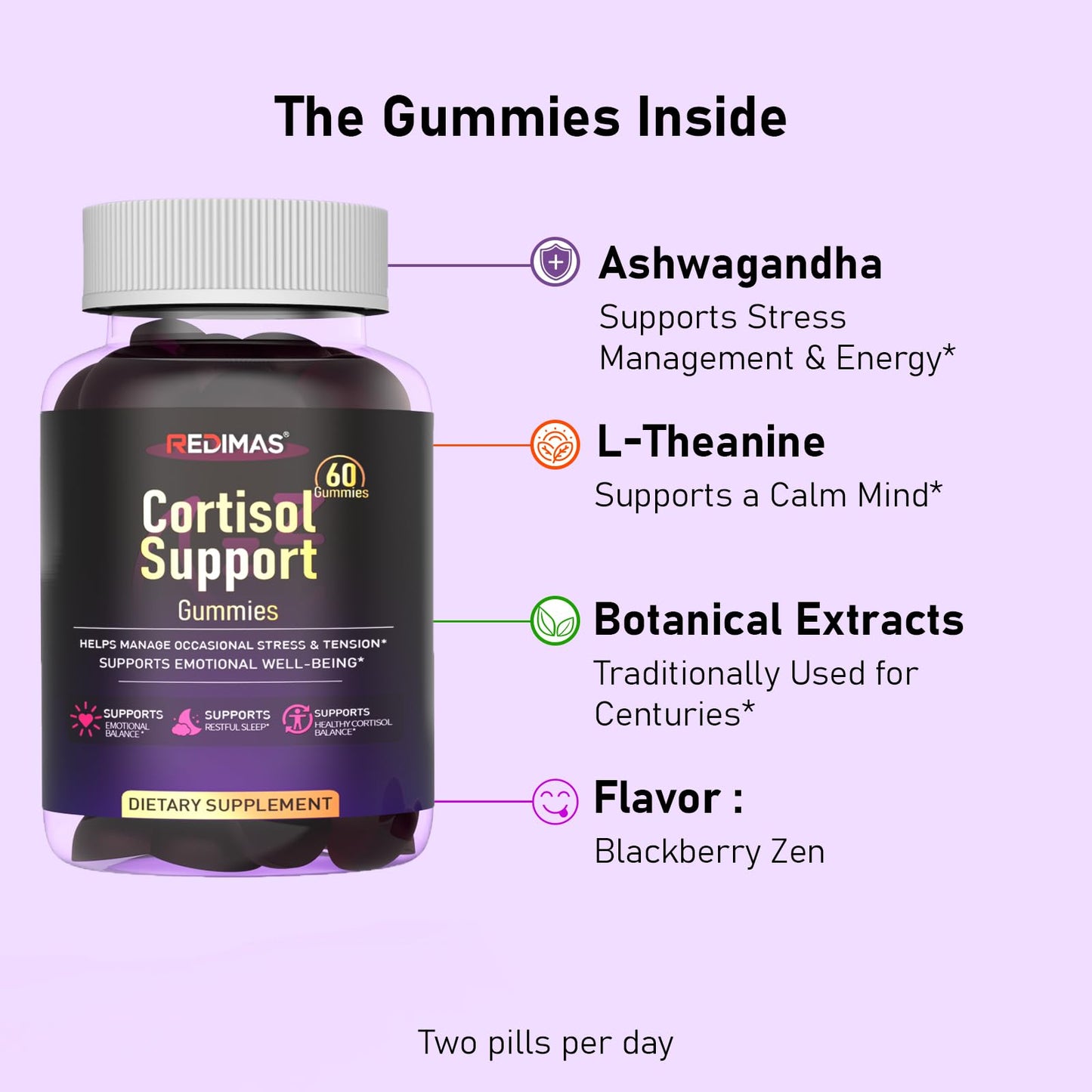 Redimas Cortisol Gummies with Ashwagandha, Magnesium, L-Theanine and Multivitamin, Gummy, 60 Count