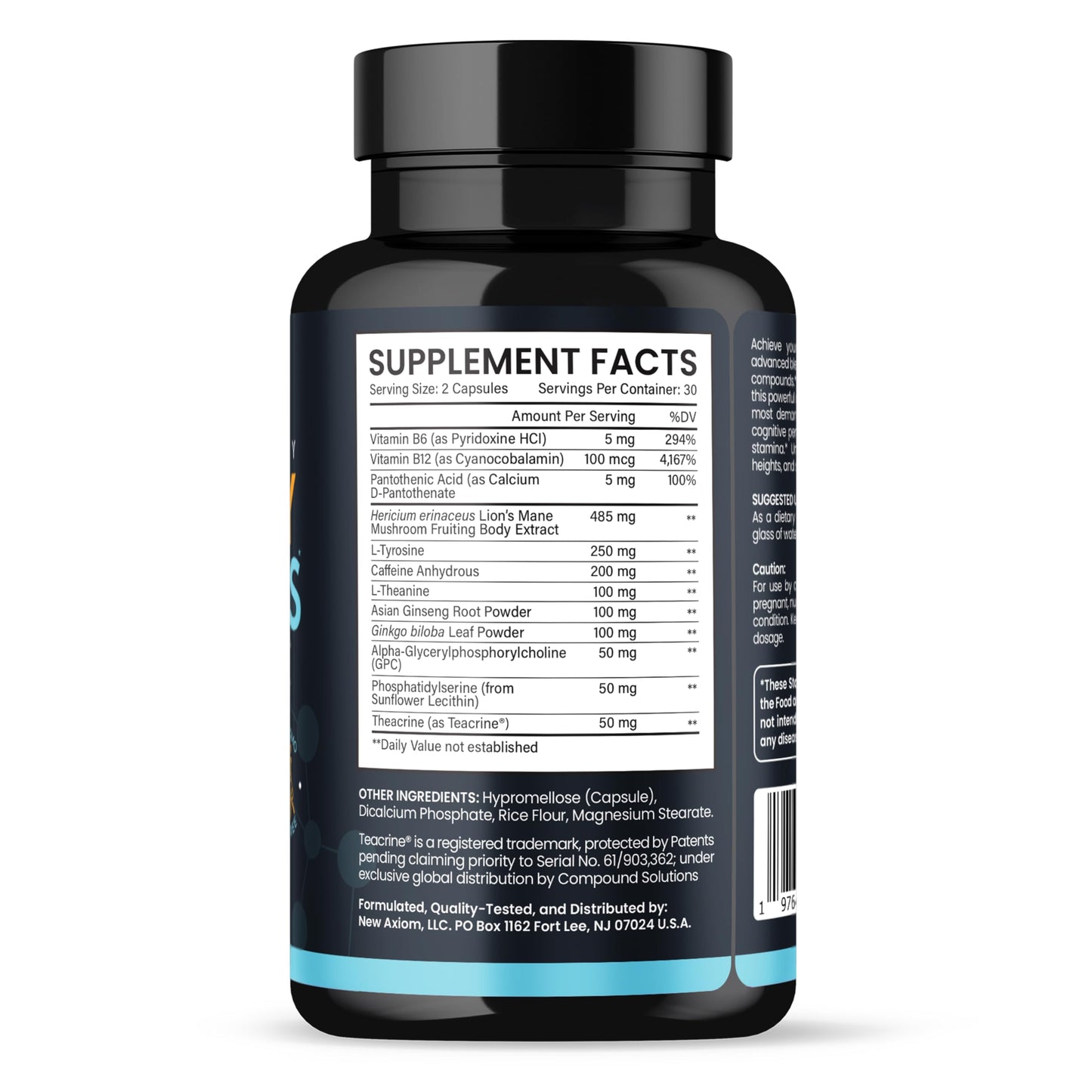 Axiom Nutrition Energy and Focus - Extra Strength 200mg Caffeine and Lions Mane Mushroom Supplement, Capsules, 60 Count