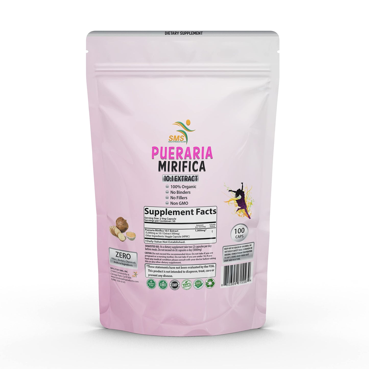 SMSHEALTHPRODUCTS.com Pueraria Mirifica (Kwao Krua Kao) 1000mg Equivalent 10:1 Extract Capsules, 100 Veggie Capsules