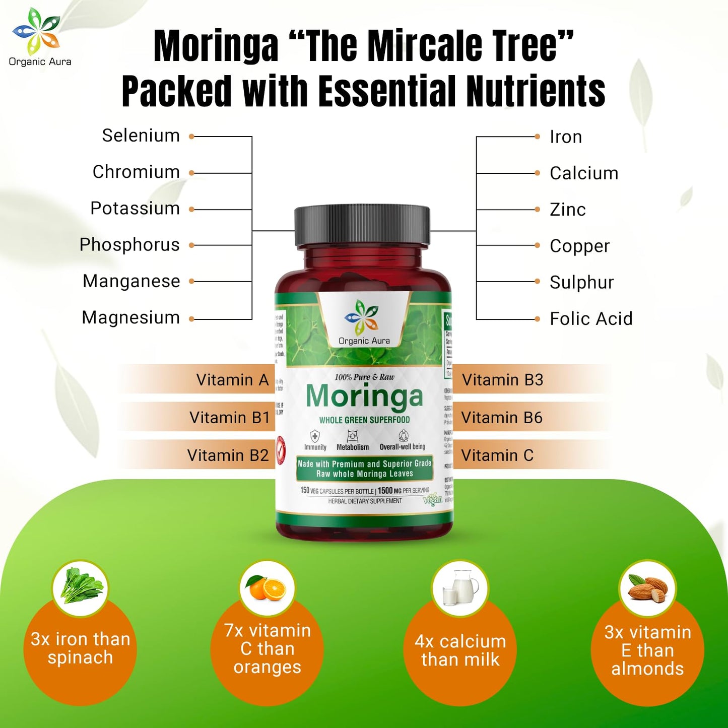 Organic Aura International Moringa Leaf Capsules 1500mg, 150 Capsules