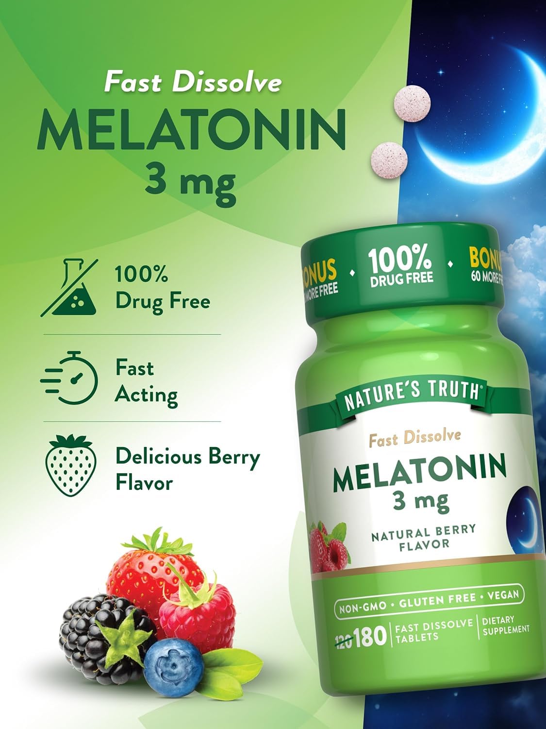Nature's Truth Melatonin 3 mg Fast Dissolve Tablets Natural Berry Flavor, 540 Tablets