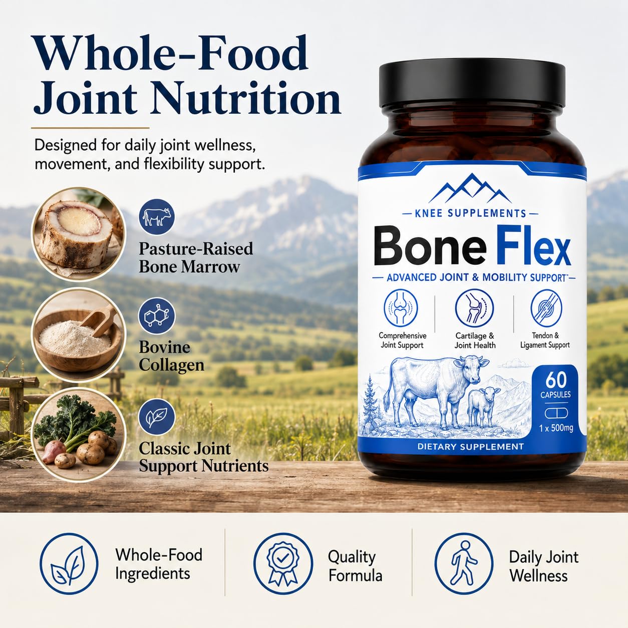 Amvora BoneFlex Capsule Joint Support with Glucosamine Chondroitin MSM Turmeric, Grass-Fed Bone Marrow and Bovine Collagen, 60 Capsules