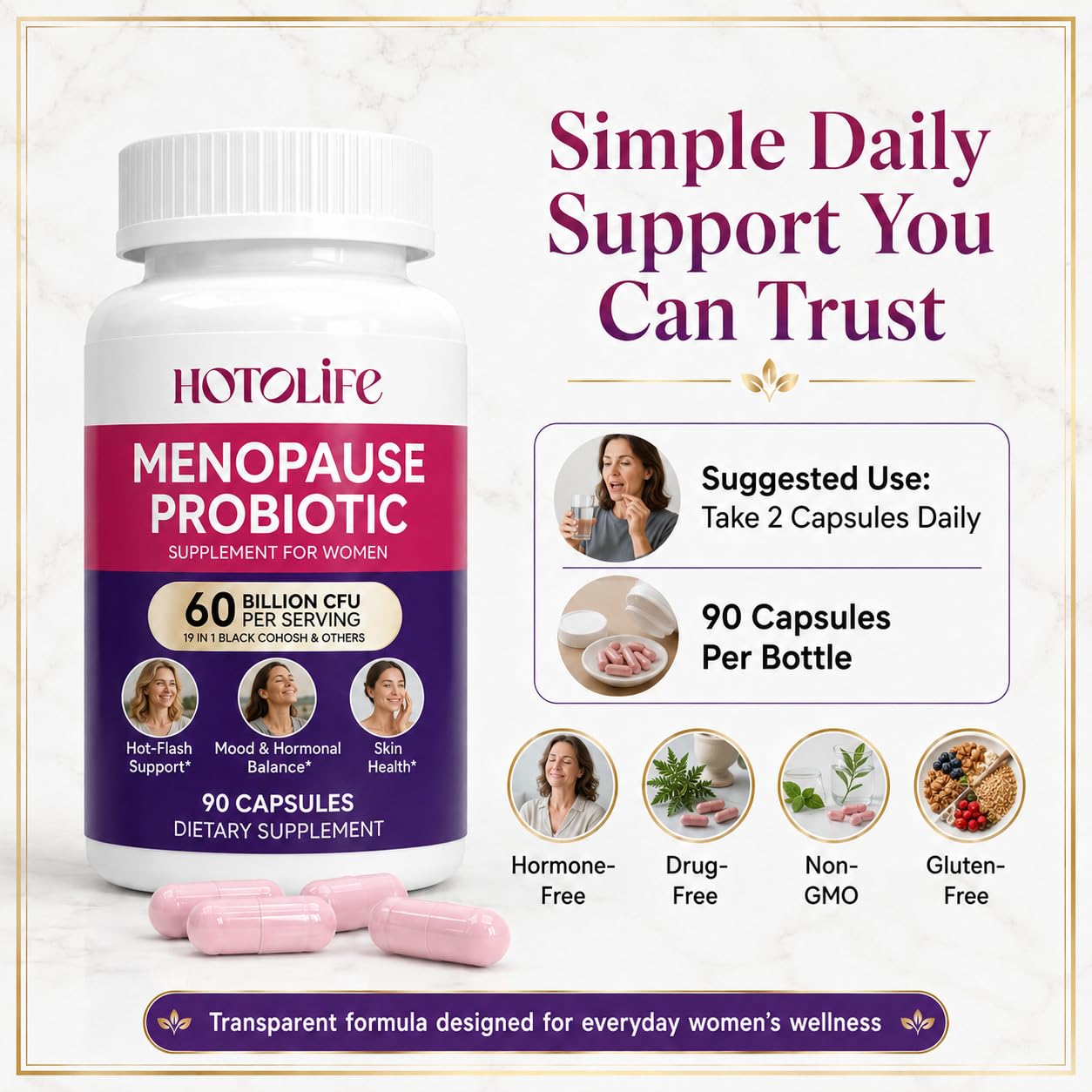 Hotolife Menopause Supplements for Women, Menopause Support, 90 Capsules