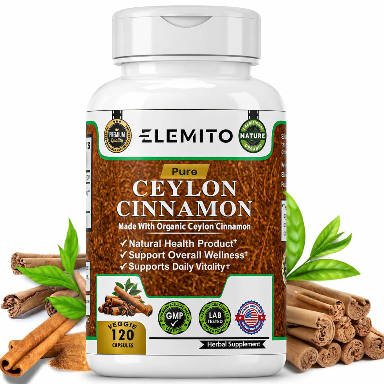 ELEMITO Organic Ceylon Cinnamon Capsules 120 Count