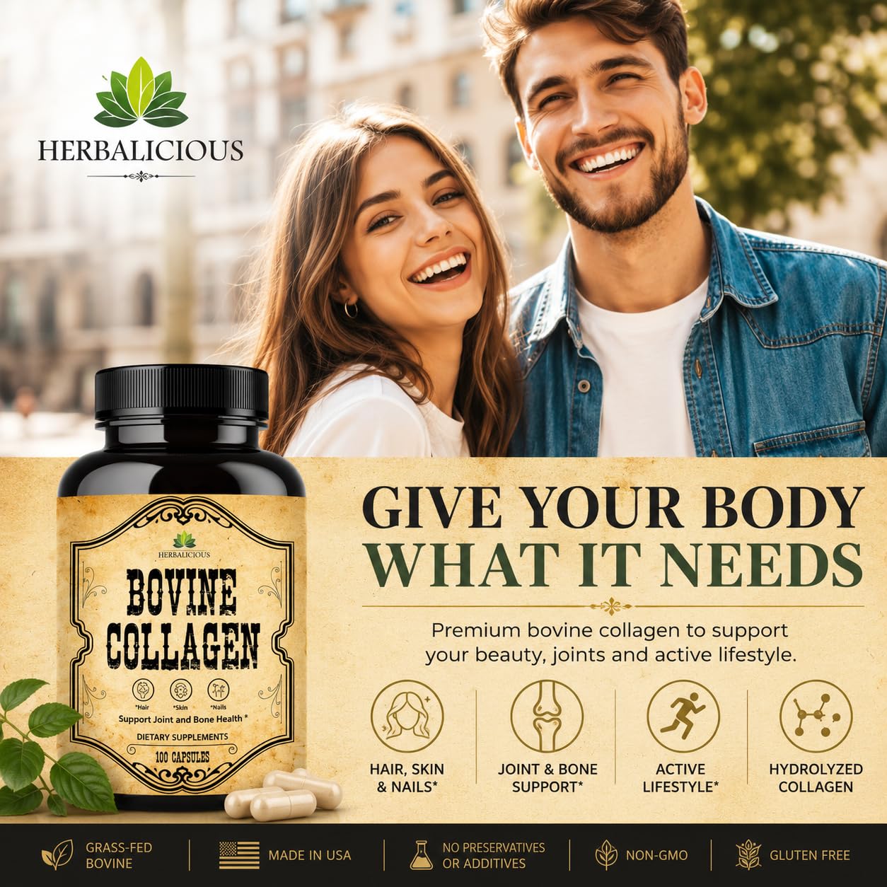 HERBALICIOUS Bovine Collagen Supplements for Men and Women 100 Capsules