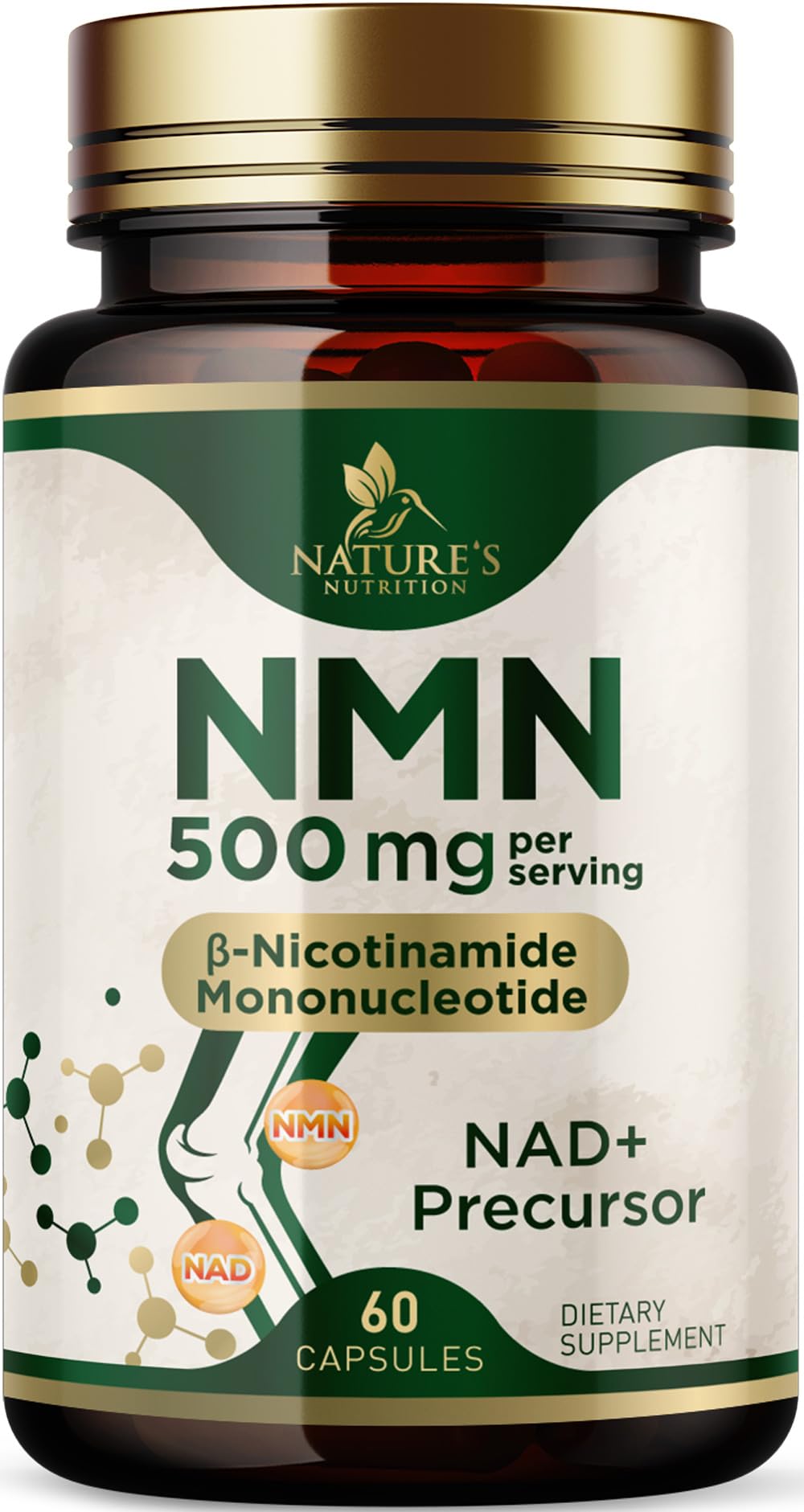 Nature's Nutrition NMN Supplement 500 mg β-Nicotinamide Mononucleotide - NAD+ Precursor - Vegan Capsules, 60 Capsules