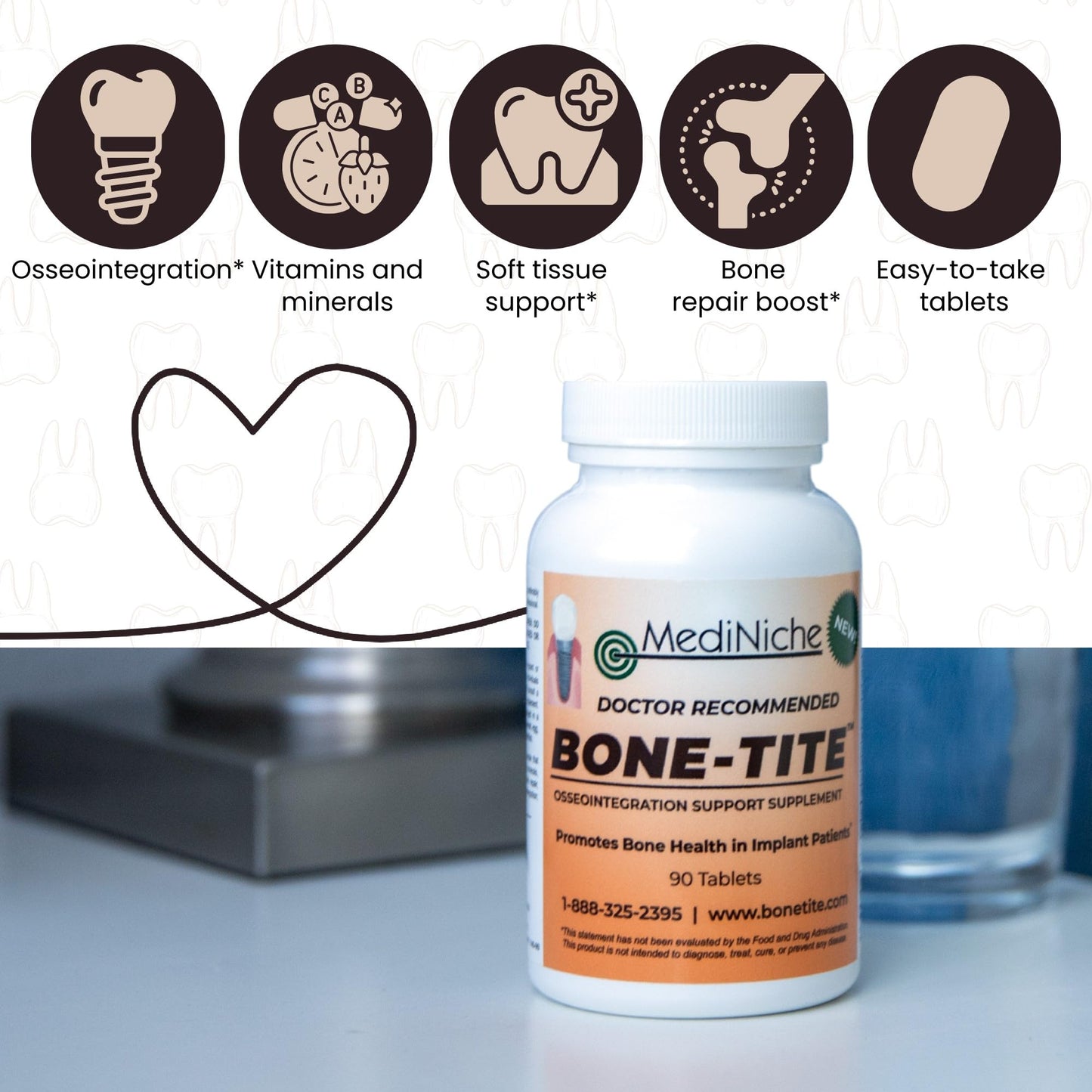 MediNiche Bone-Tite Osseointegration Support Supplement I Key Vitamins, Minerals, and Nutrients to Promote Dental Implant Support Tablet, 90 Tablets